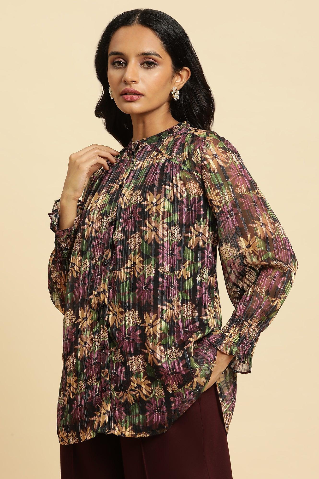 Purple Floral Printed Chiffon Lurex Top - Image 2