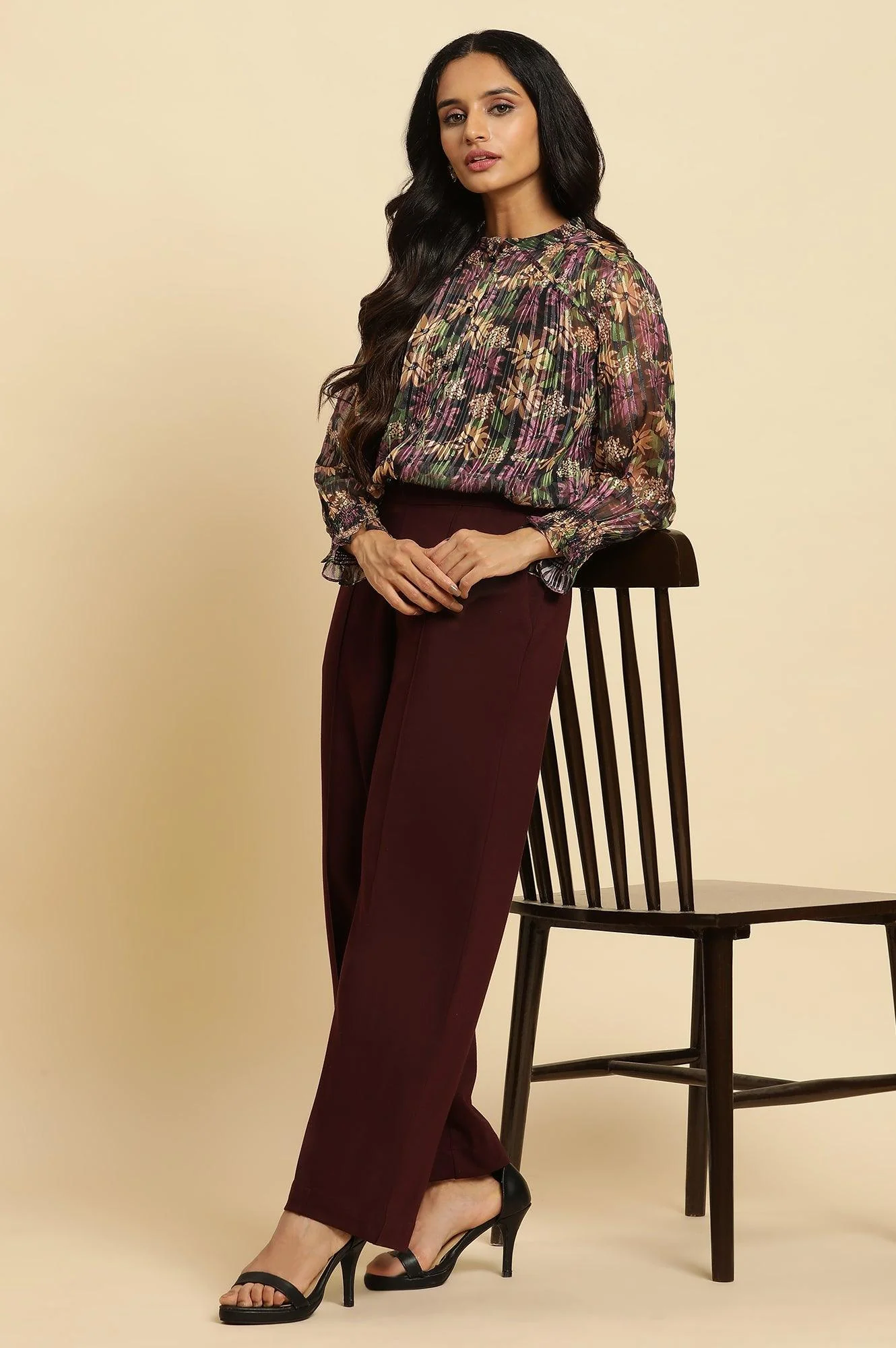 Purple Floral Printed Chiffon Lurex Top - Image 5
