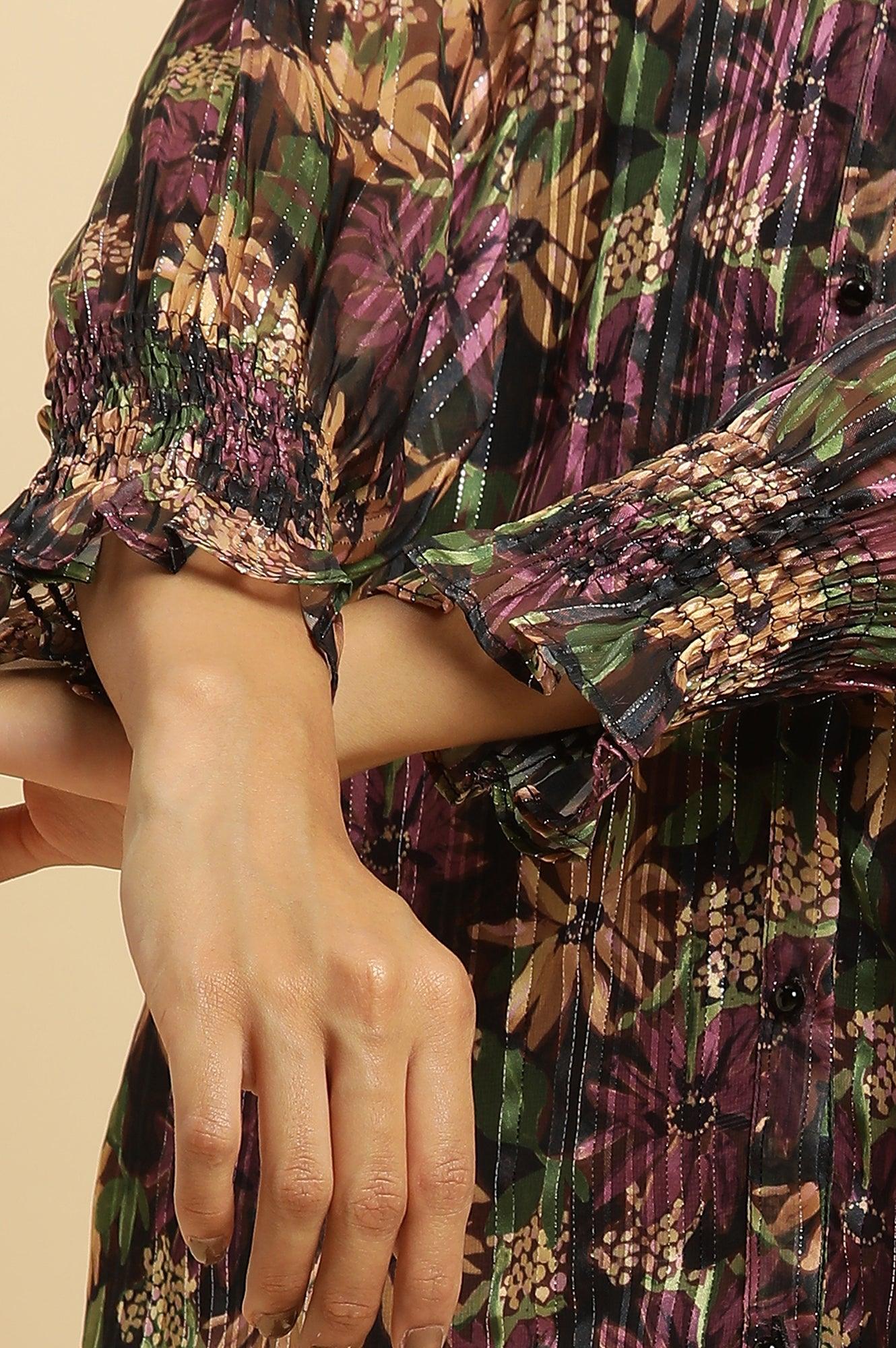 Purple Floral Printed Chiffon Lurex Top - Image 7