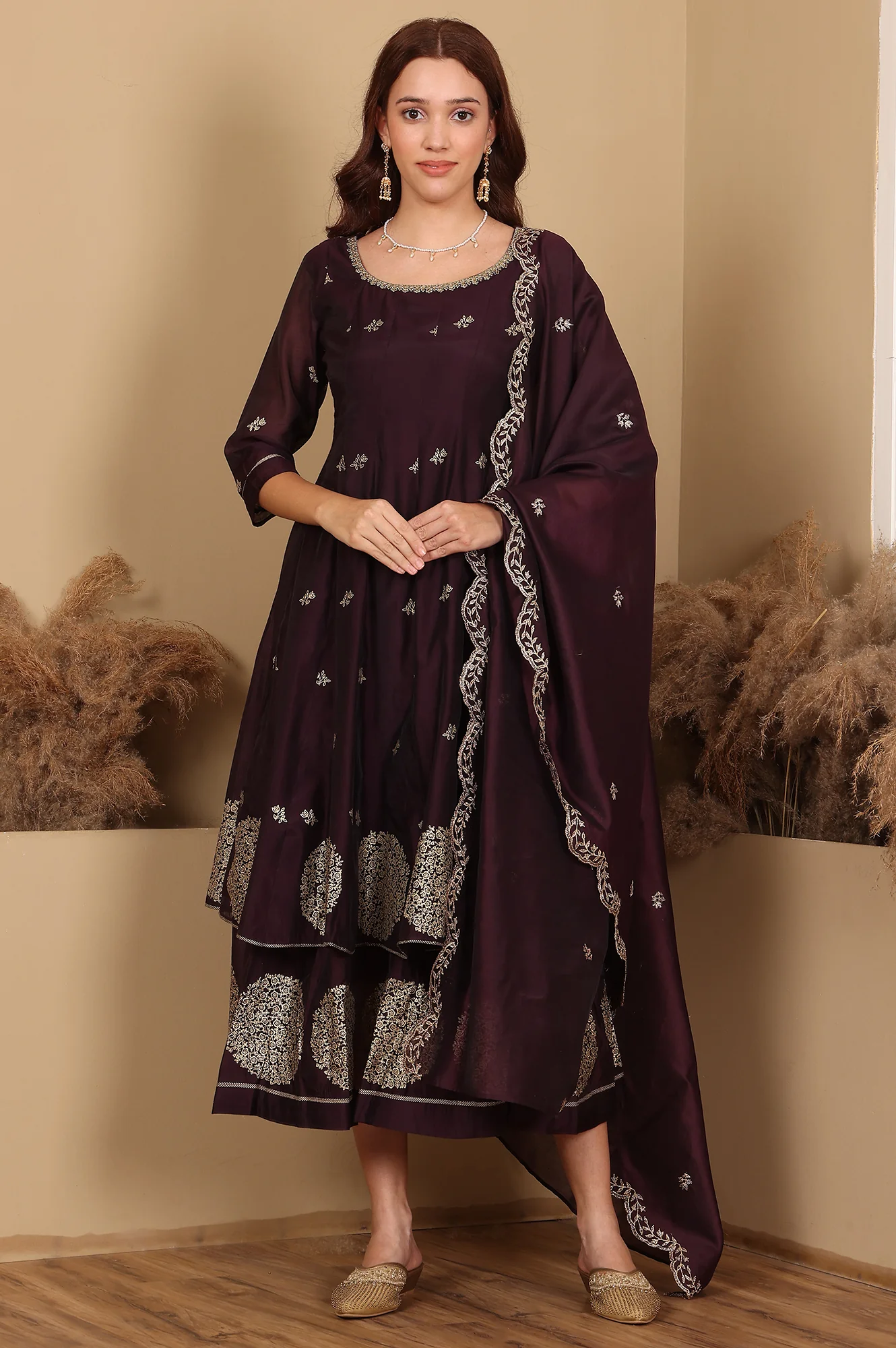 Purple Floral Printed Dori Embroidered Chanderi Flared Kurta With Mock Layer And Dupatta Set - Image 2