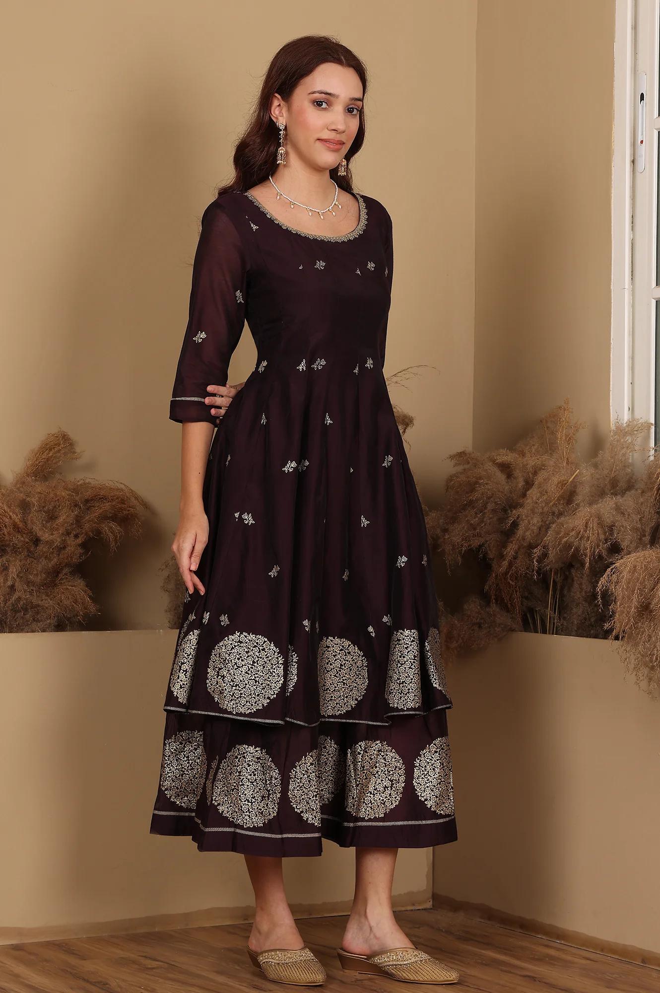 Purple Floral Printed Dori Embroidered Chanderi Flared Kurta With Mock Layer And Dupatta Set - Image 6