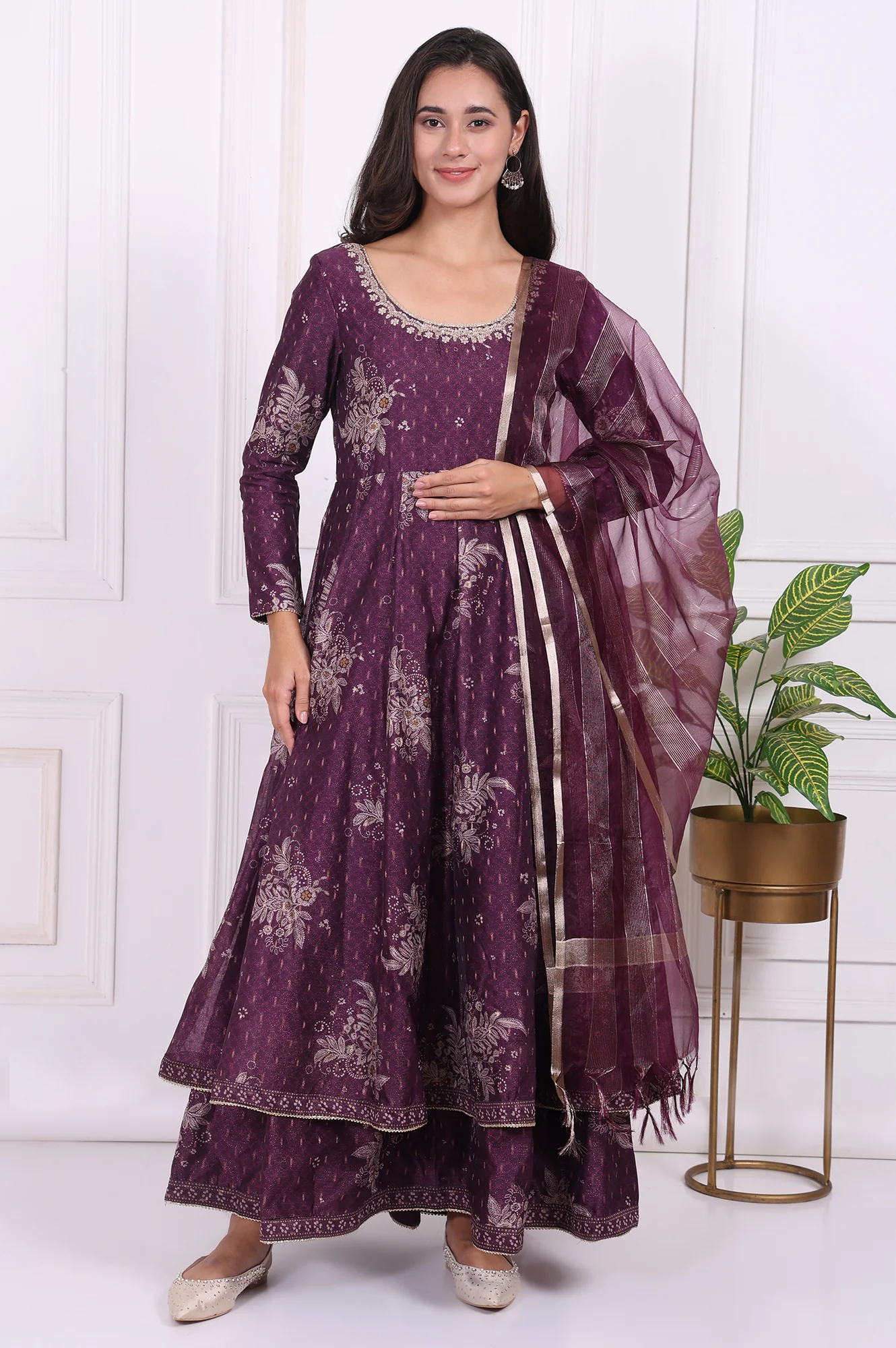 Purple Floral Printed Embroidered Anarkali Kurta with Dupatta Set - Image 2