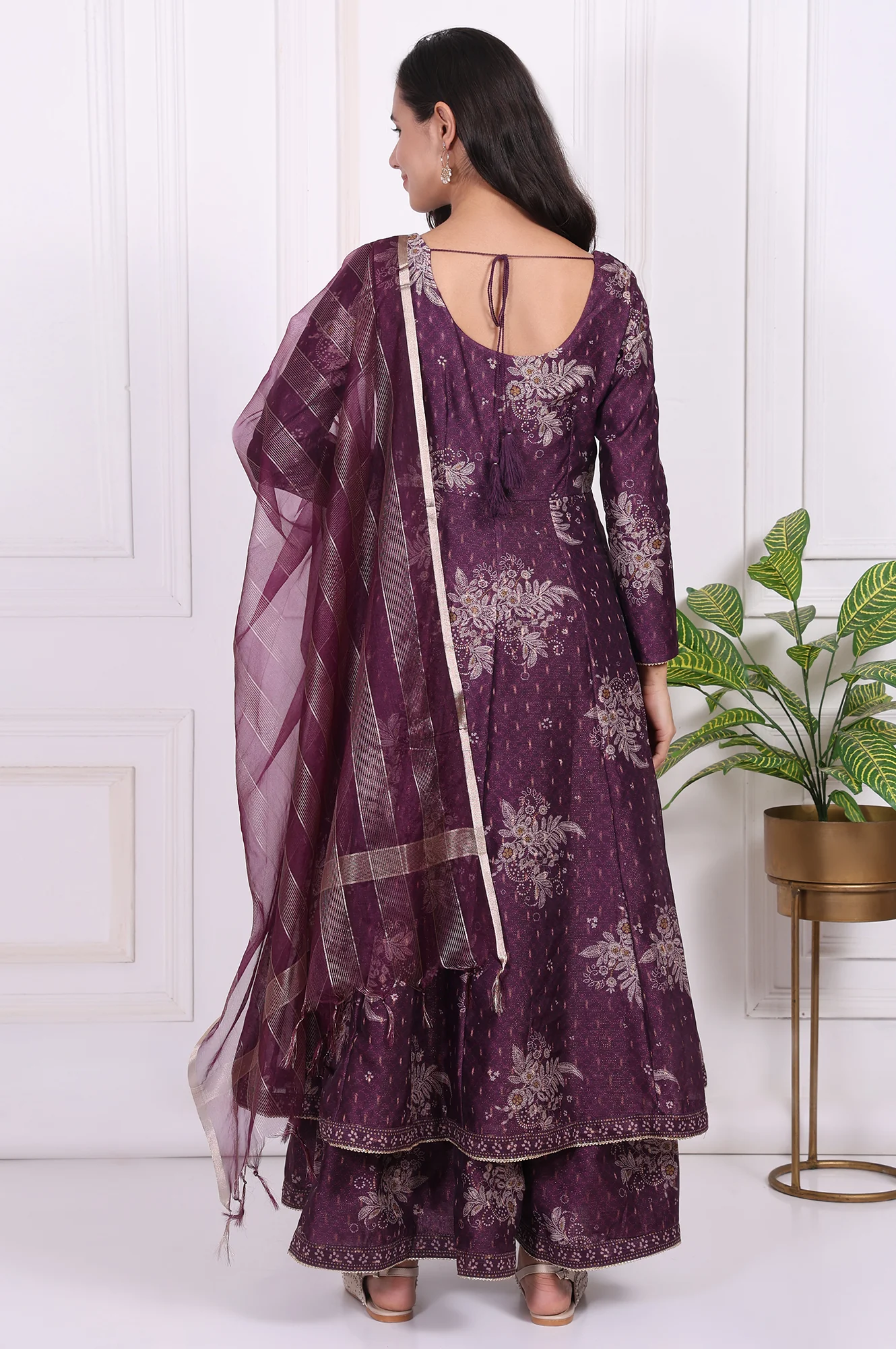 Purple Floral Printed Embroidered Anarkali Kurta with Dupatta Set - Image 5