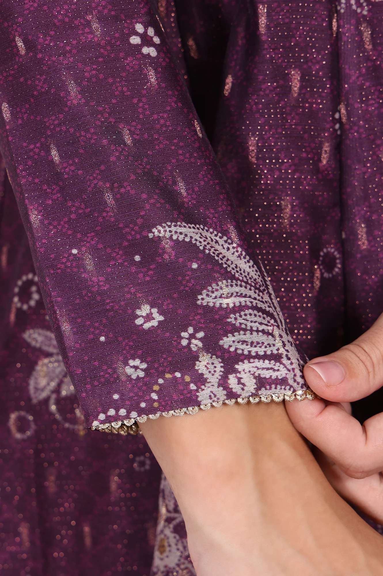 Purple Floral Printed Embroidered Anarkali Kurta with Dupatta Set - Image 7