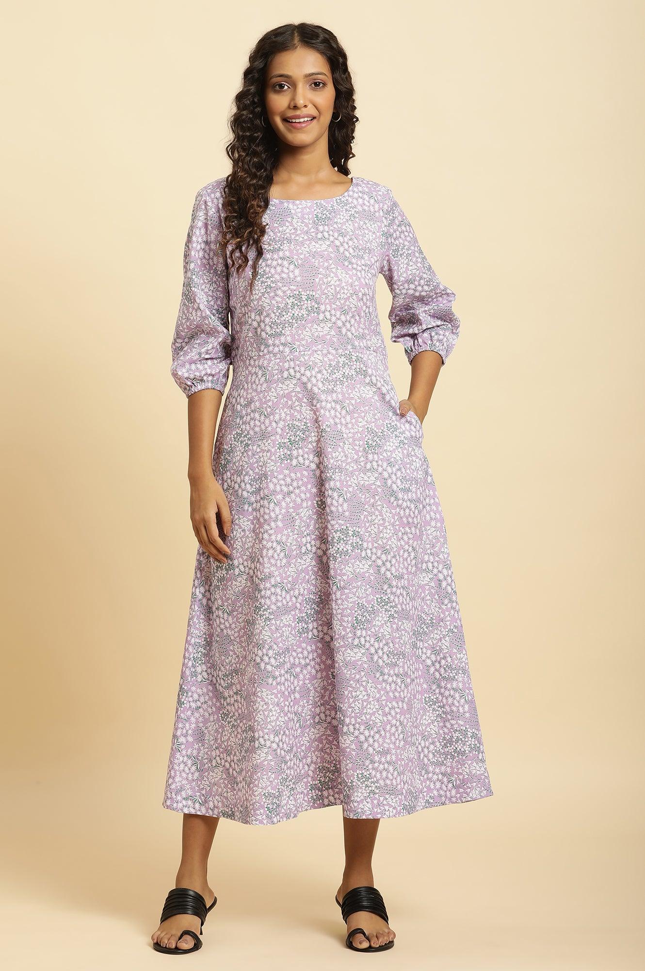 Purple Floral Printed Flared Long Dress - Image 2