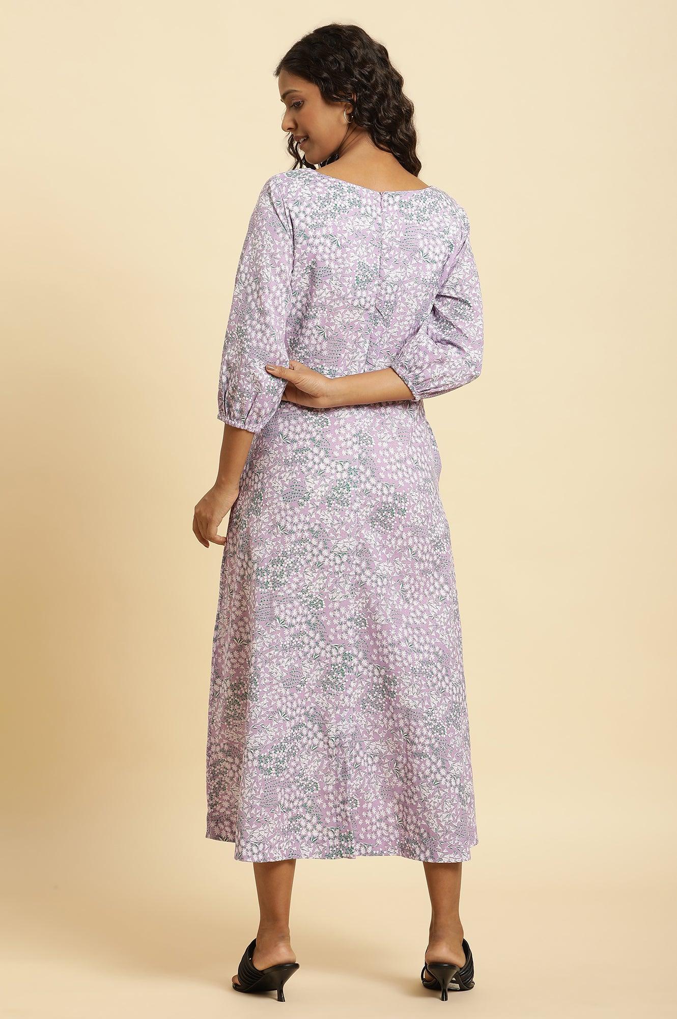 Purple Floral Printed Flared Long Dress - Image 4