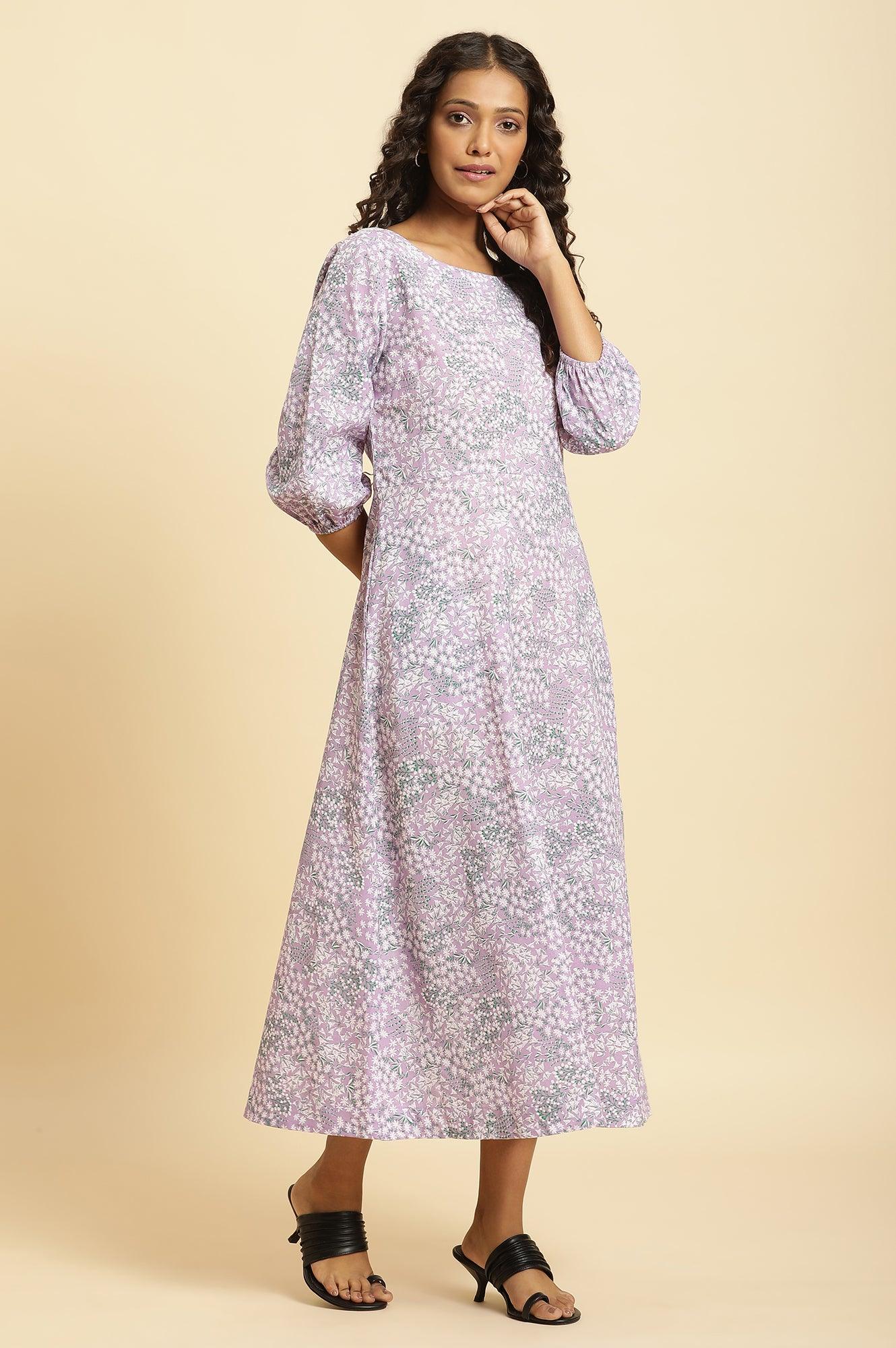 Purple Floral Printed Flared Long Dress - Image 5