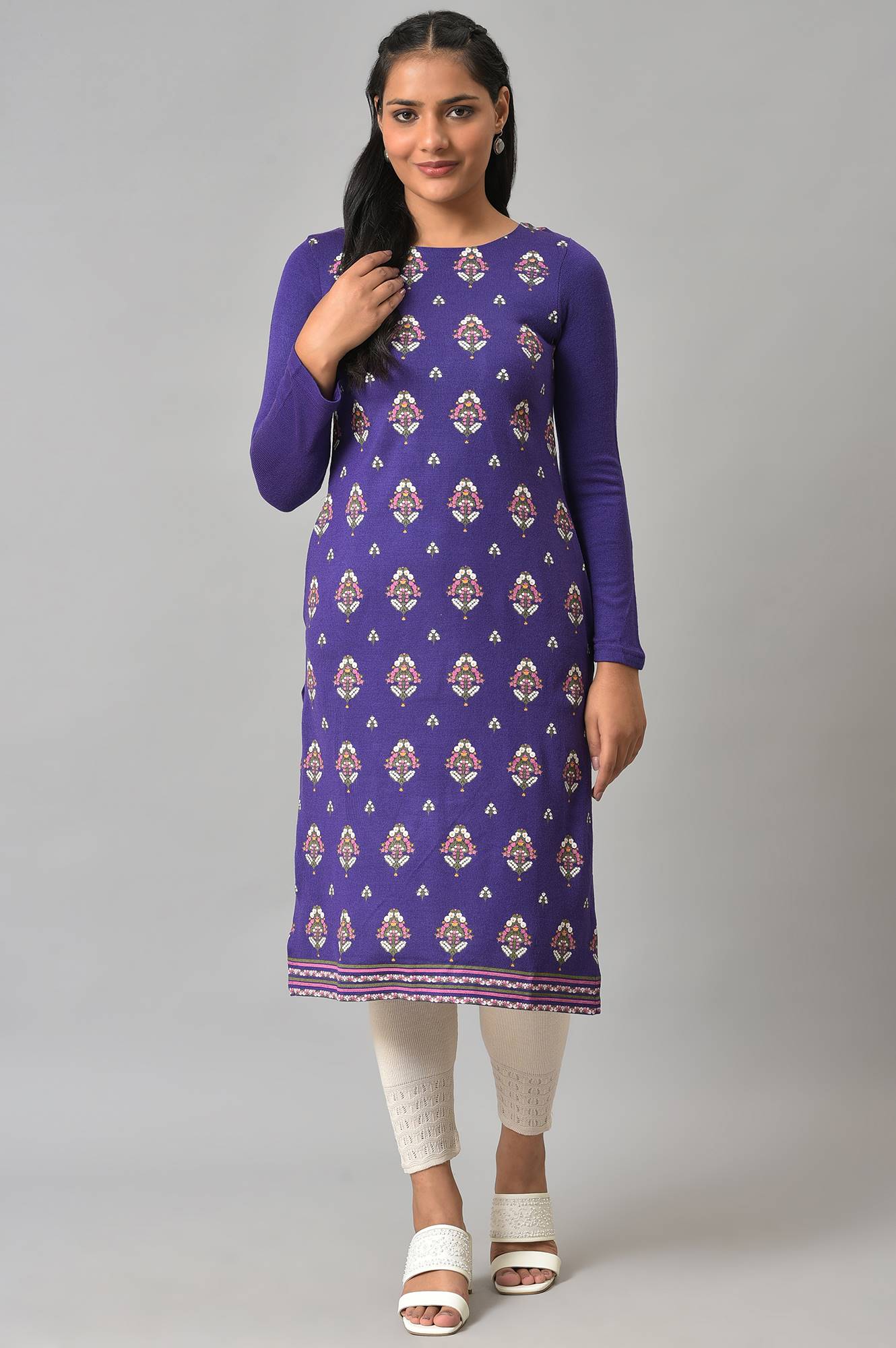 Purple Floral Printed Knitted Winter kurta - Image 6