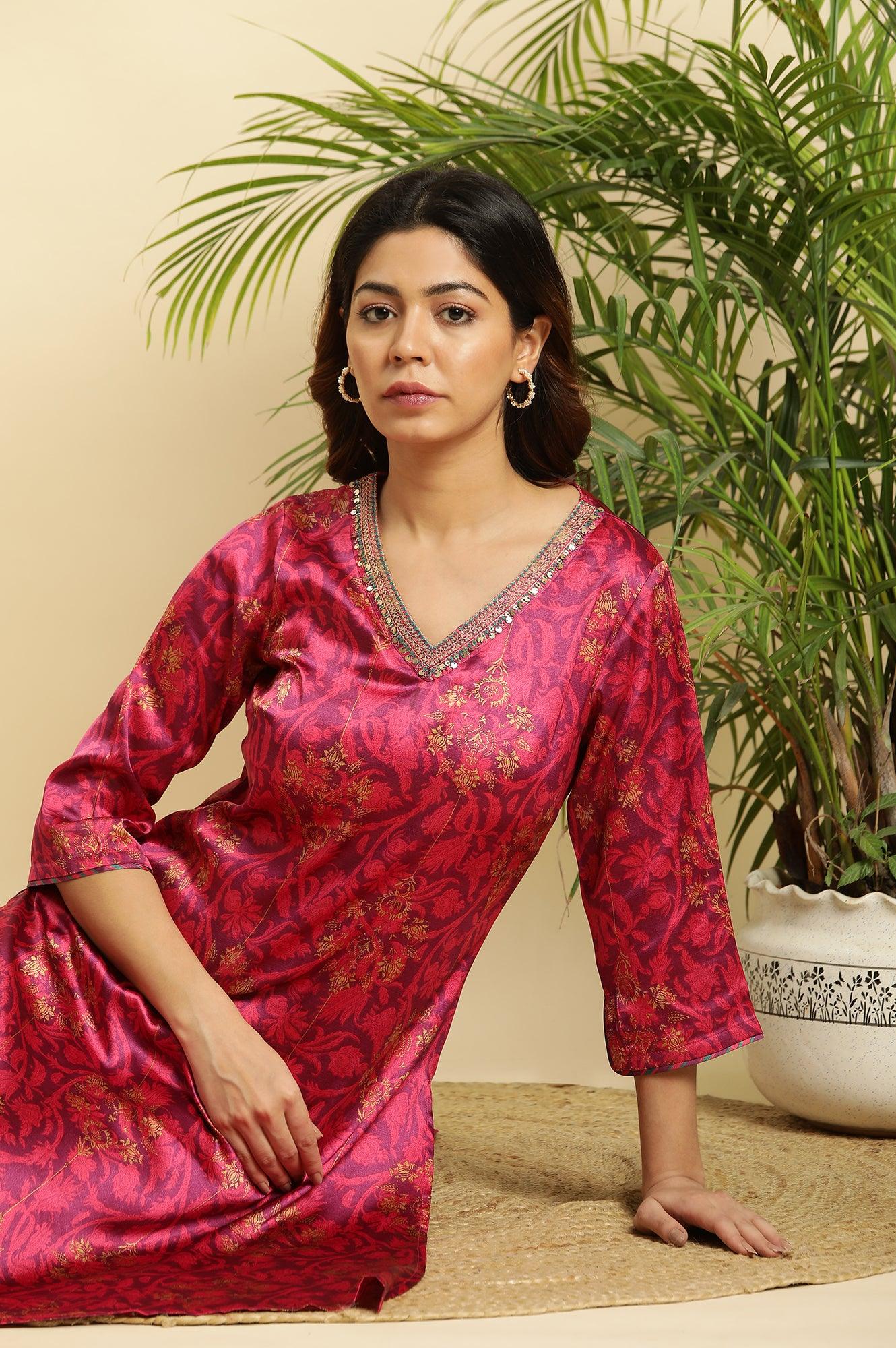 Purple Floral Printed Japanese Satin Straight Kurta - Image 2