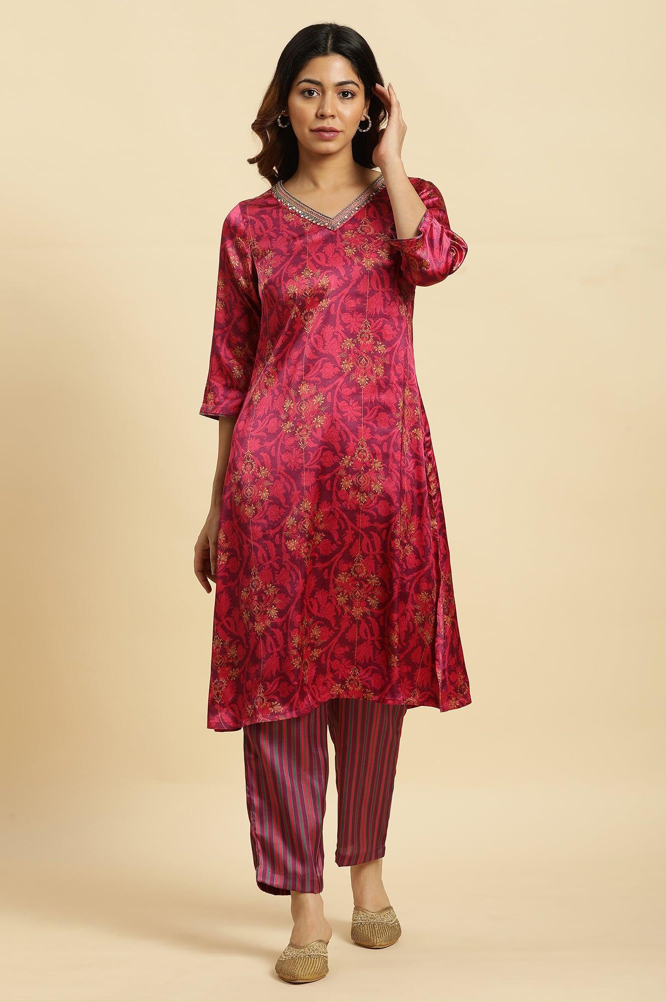 Purple Floral Printed Japanese Satin Straight Kurta - Image 3