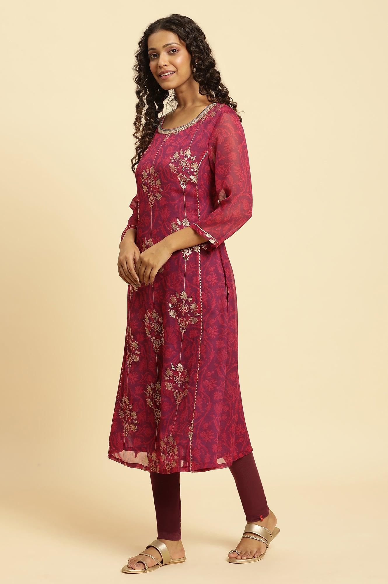 Purple Floral Printed Kurta With Zari Embroidery - Image 3