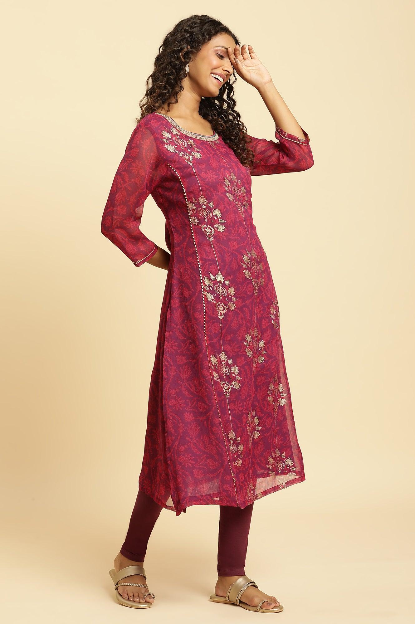 Purple Floral Printed Kurta With Zari Embroidery - Image 5