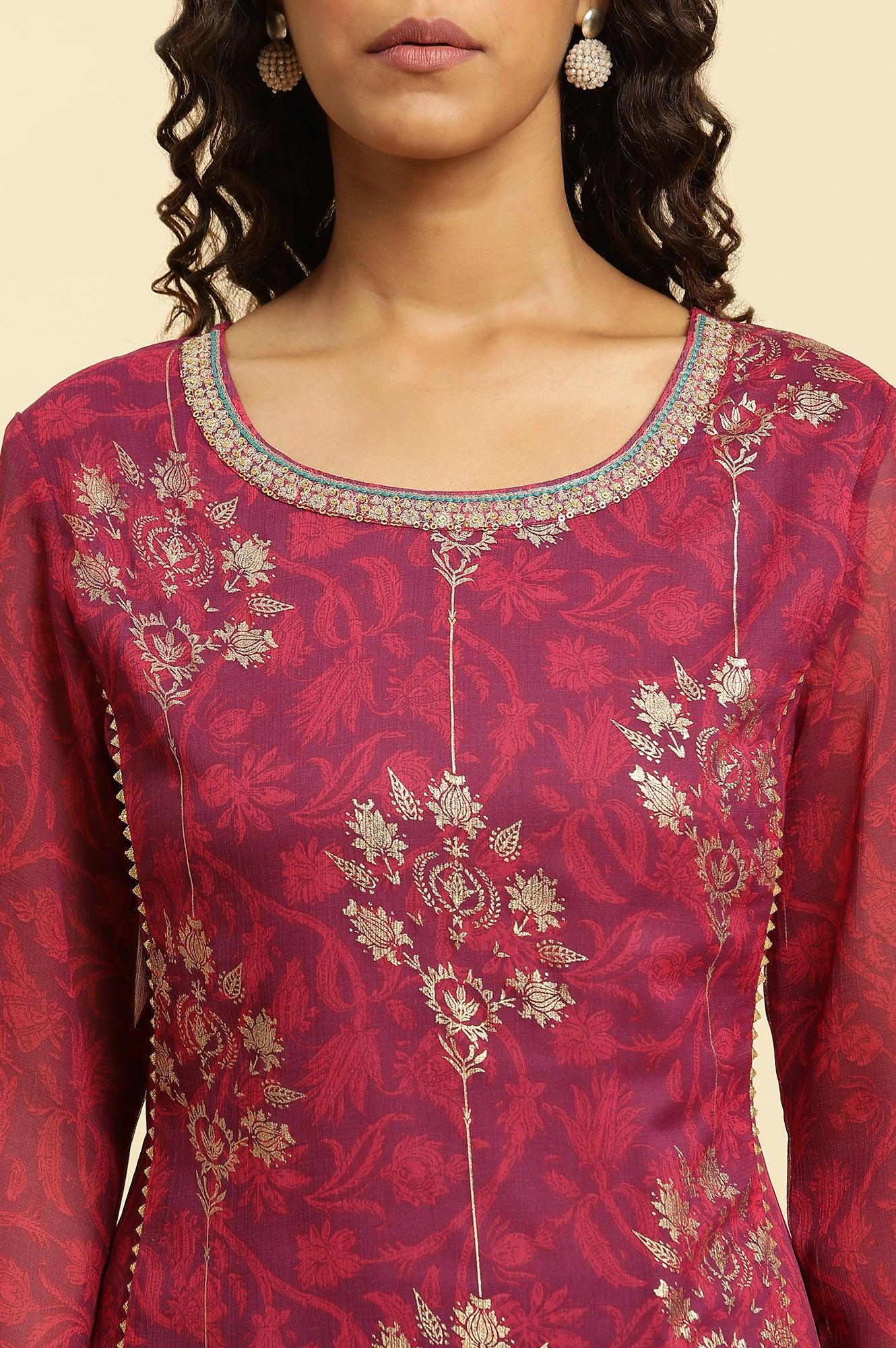 Purple Floral Printed Kurta With Zari Embroidery - Image 7