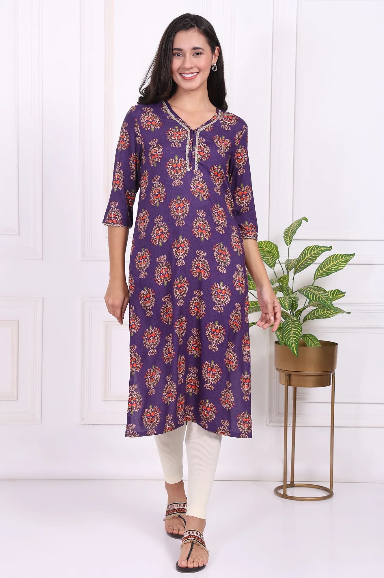 Purple Floral Printed Lace Rayon Straight Kurta - Image 2