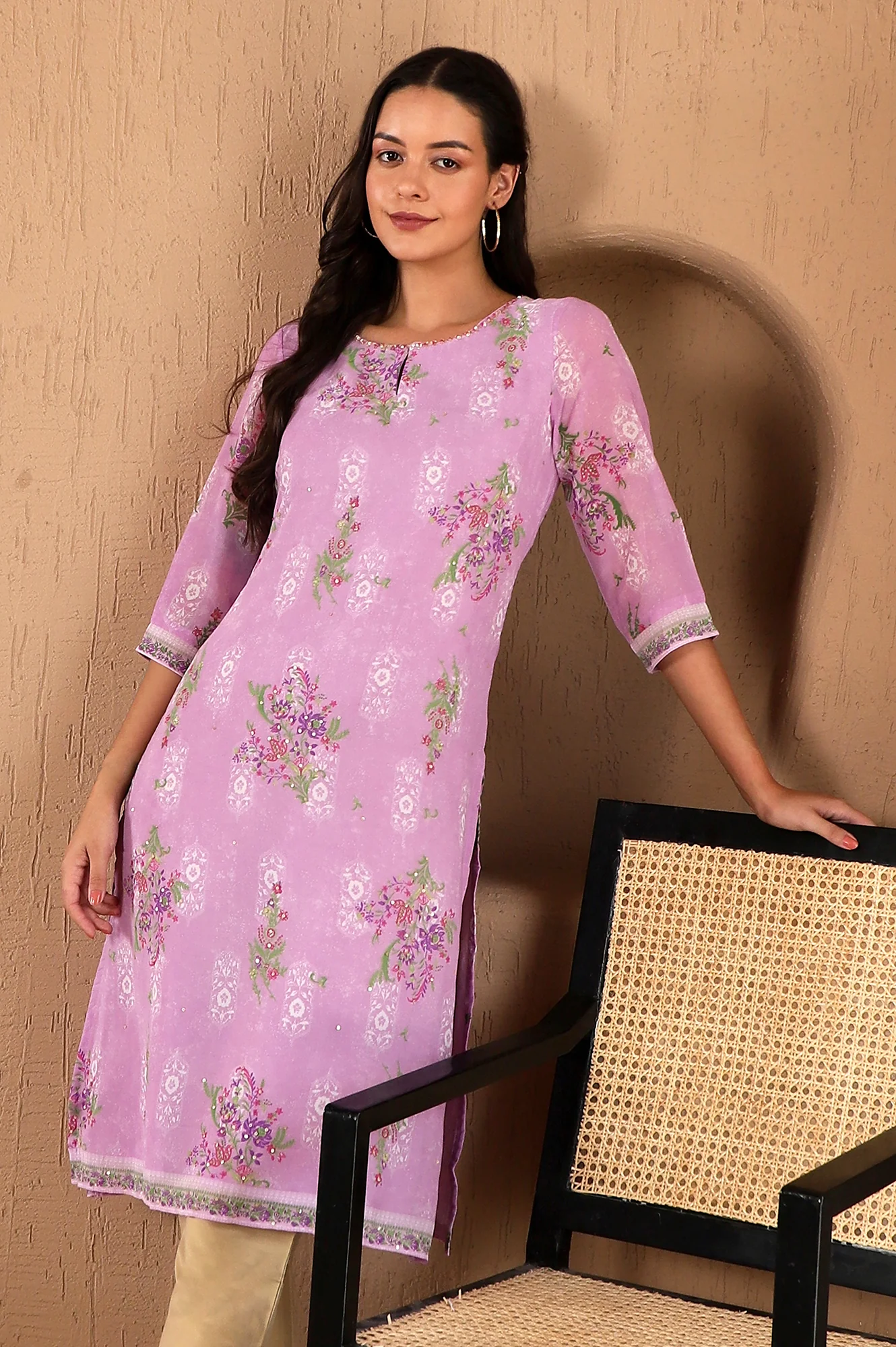 Purple Floral Printed Metallic Sequined Organza Festive Straight Kurta - Image 2