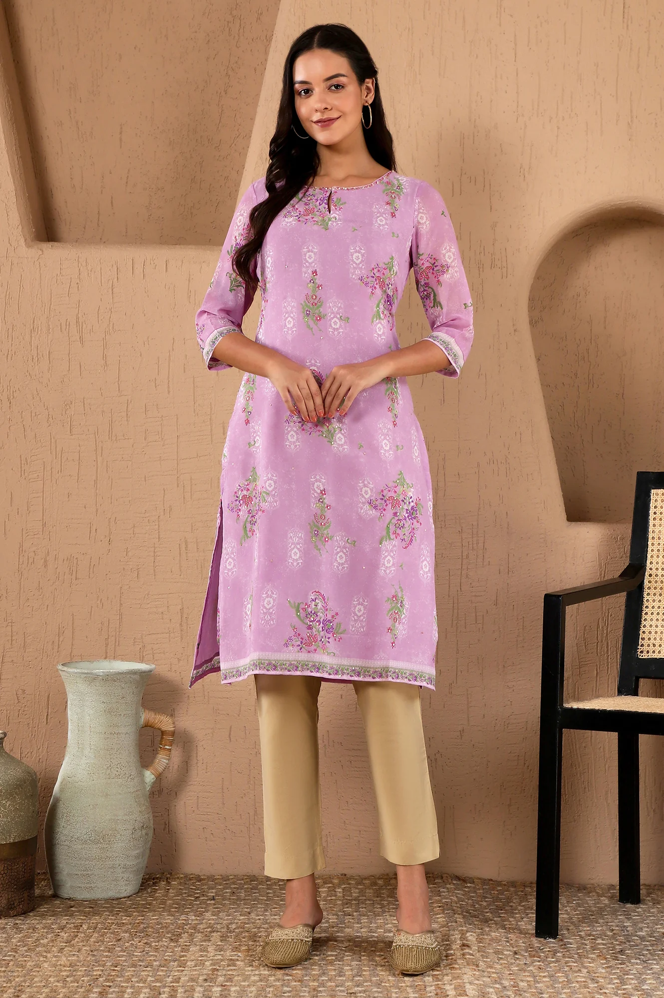 Purple Floral Printed Metallic Sequined Organza Festive Straight Kurta - Image 3