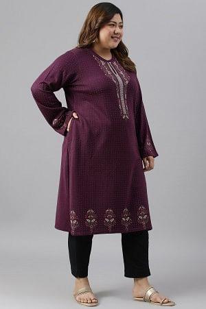 Purple Floral Printed Plus Size Winter kurta - Image 3