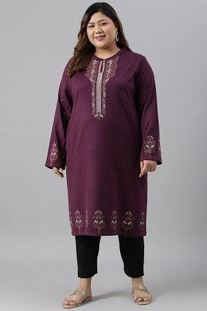 Purple Floral Printed Plus Size Winter kurta - Image 6
