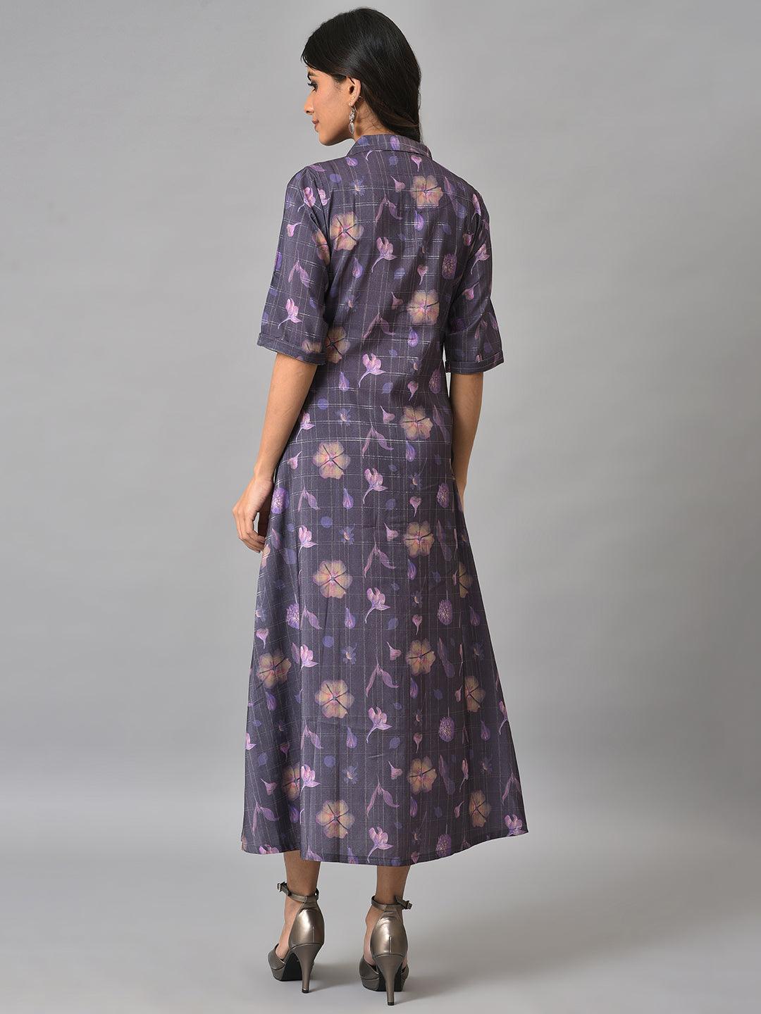 Purple Floral Printed Shirt Dress - Image 2