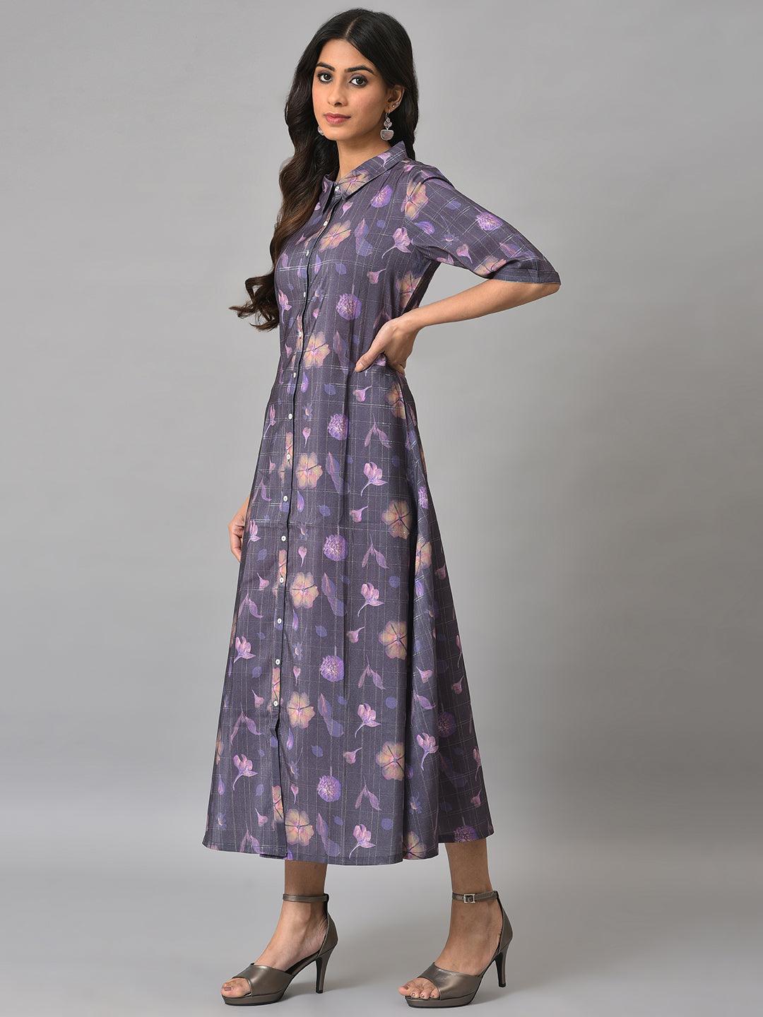 Purple Floral Printed Shirt Dress - Image 3