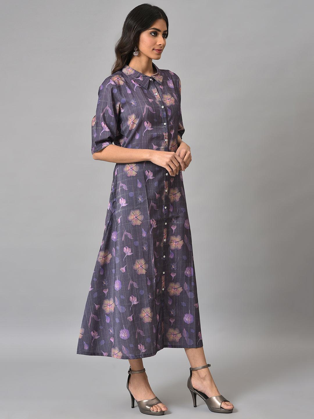 Purple Floral Printed Shirt Dress - Image 4