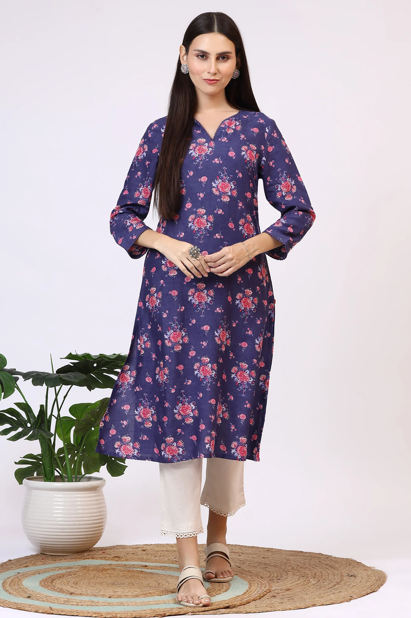 Purple Floral Printed Straight Kurta with Lace - Image 2