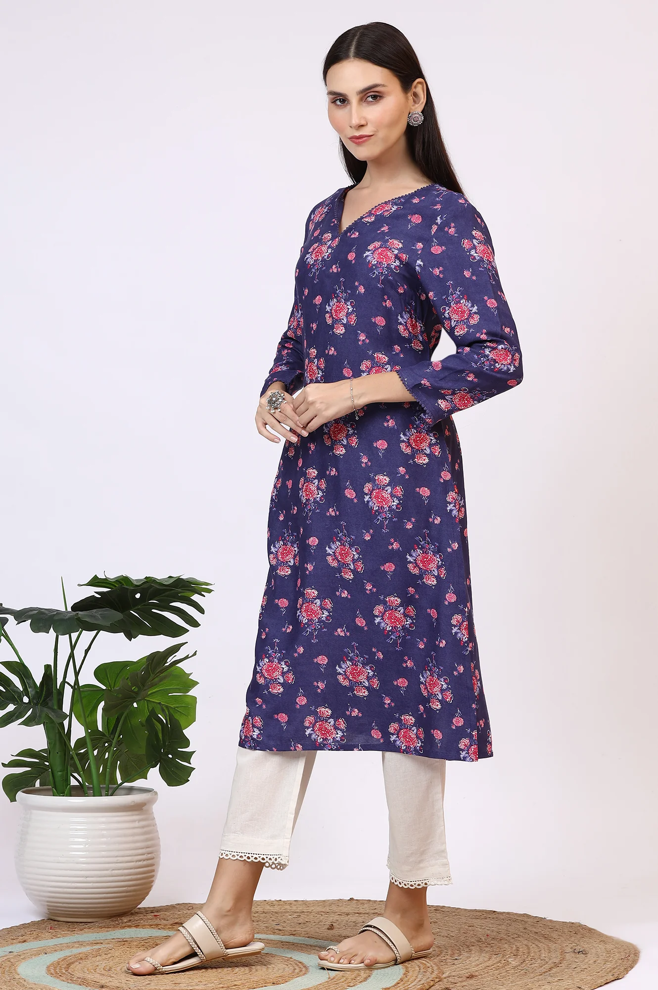 Purple Floral Printed Straight Kurta with Lace - Image 5