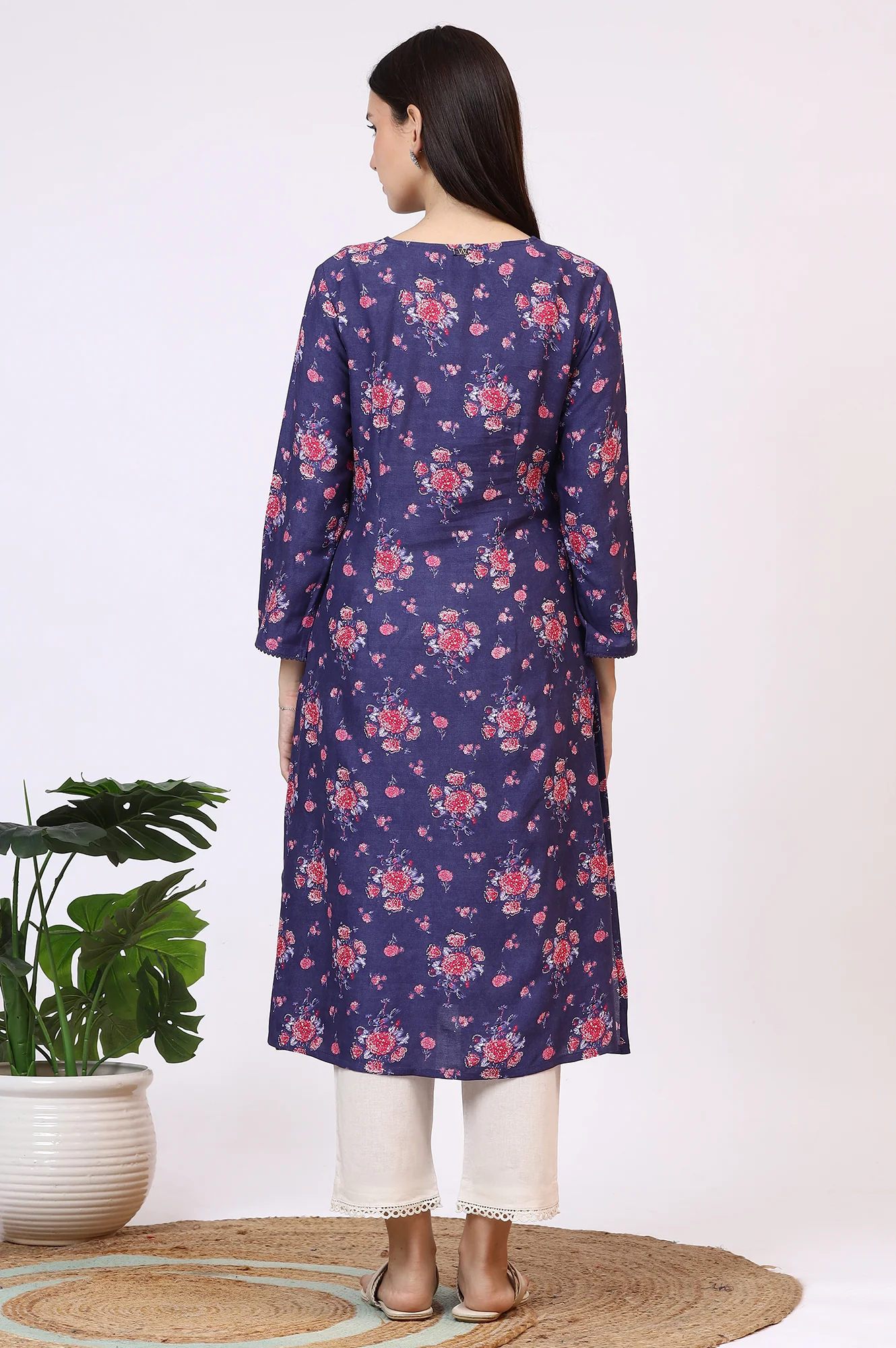 Purple Floral Printed Straight Kurta with Lace - Image 6