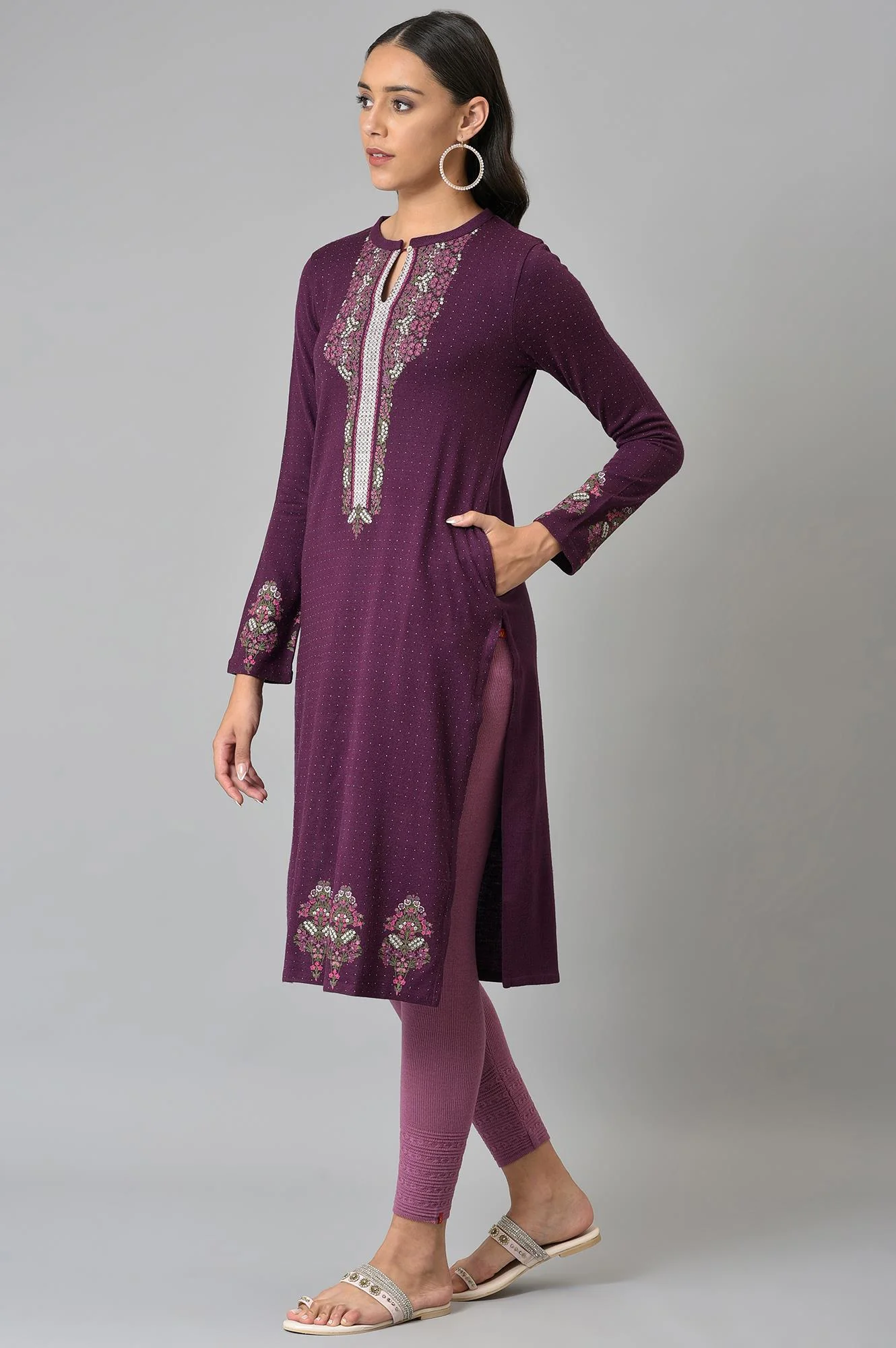 Purple Floral Printed Winter kurta - Image 3