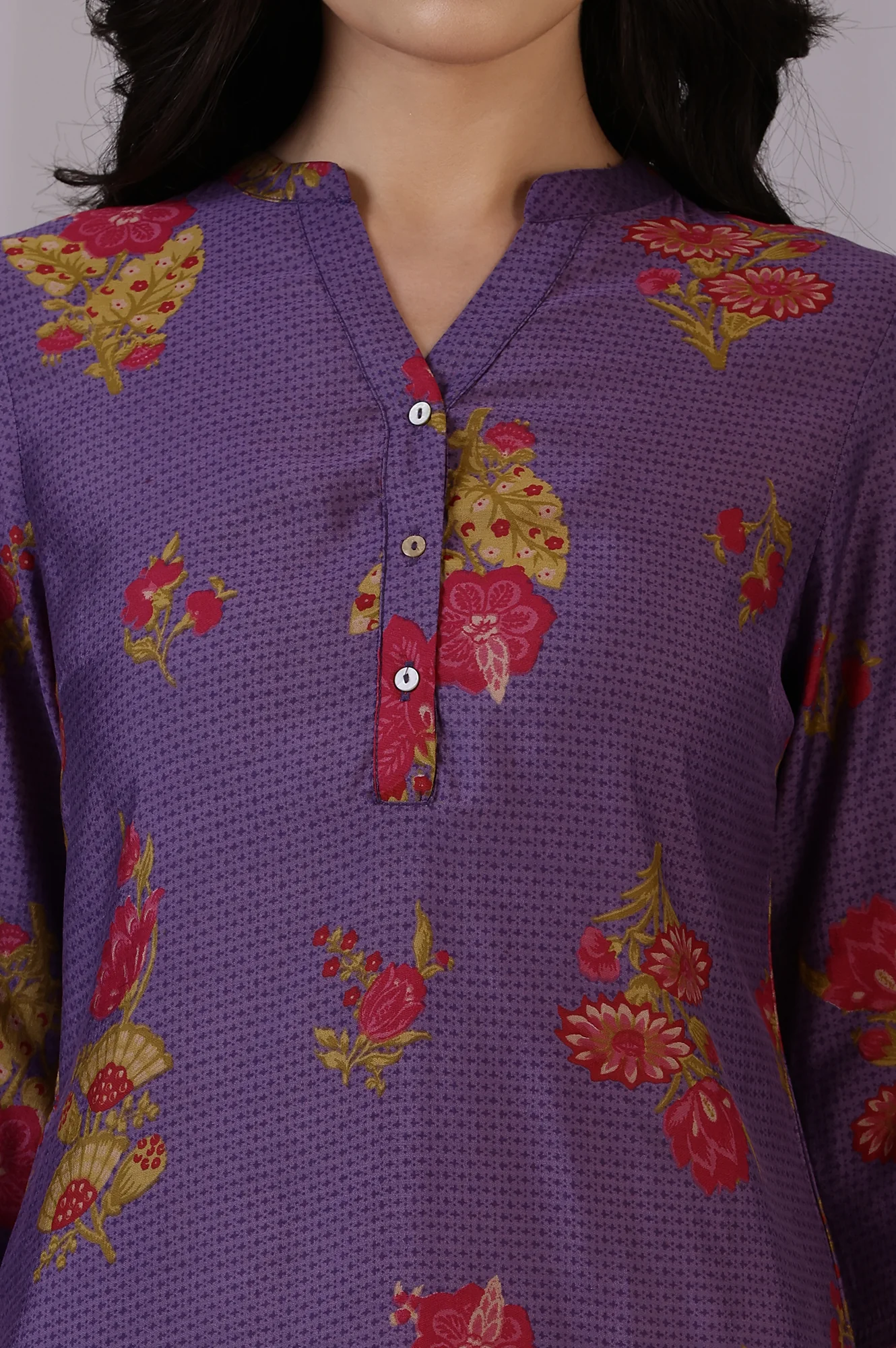 Purple Floral Straight Muslin Kurta - Image 3