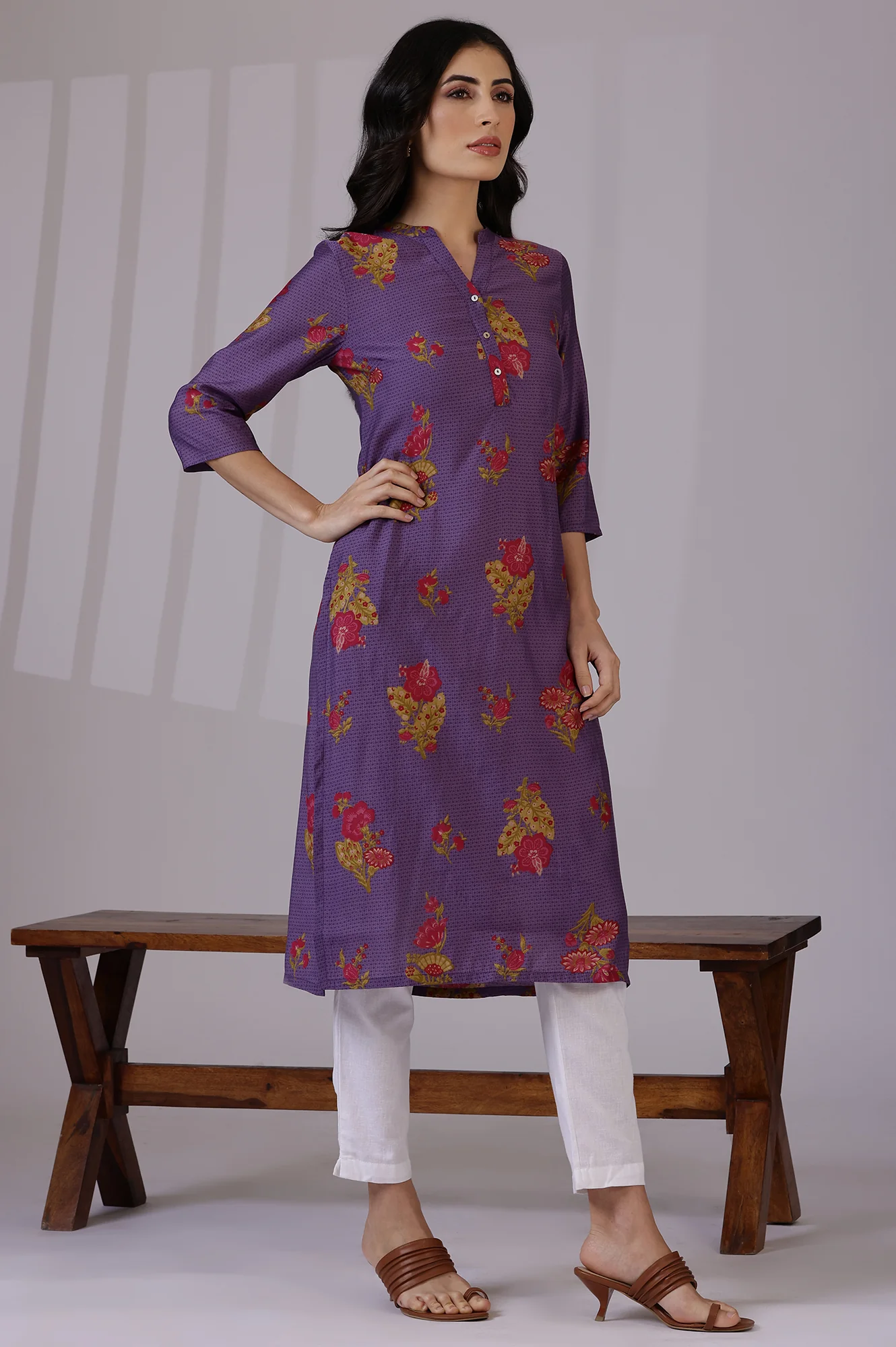 Purple Floral Straight Muslin Kurta - Image 4