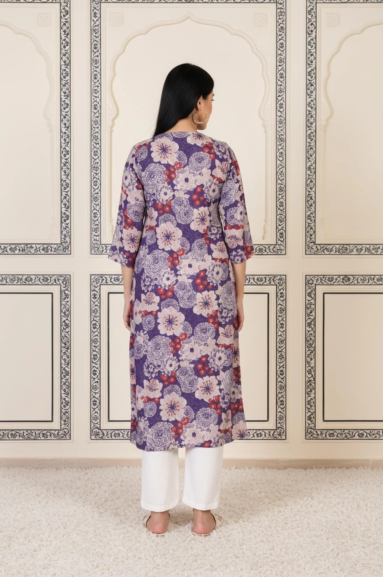 Purple Floral Straight Rayon Kurta - Image 5