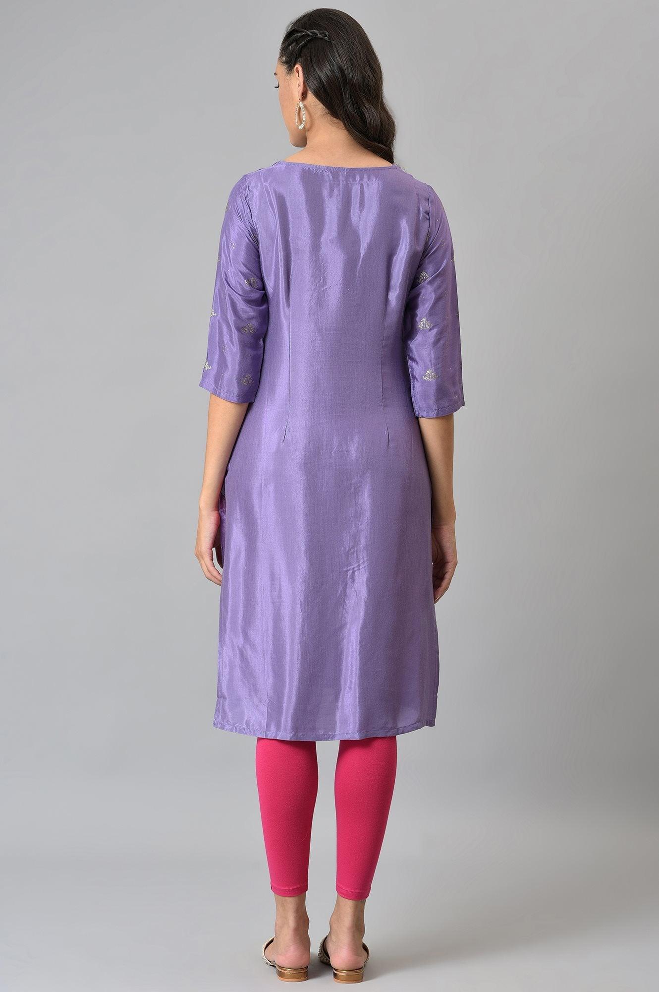 Purple Glitter Print kurta With Embroidery - Image 2