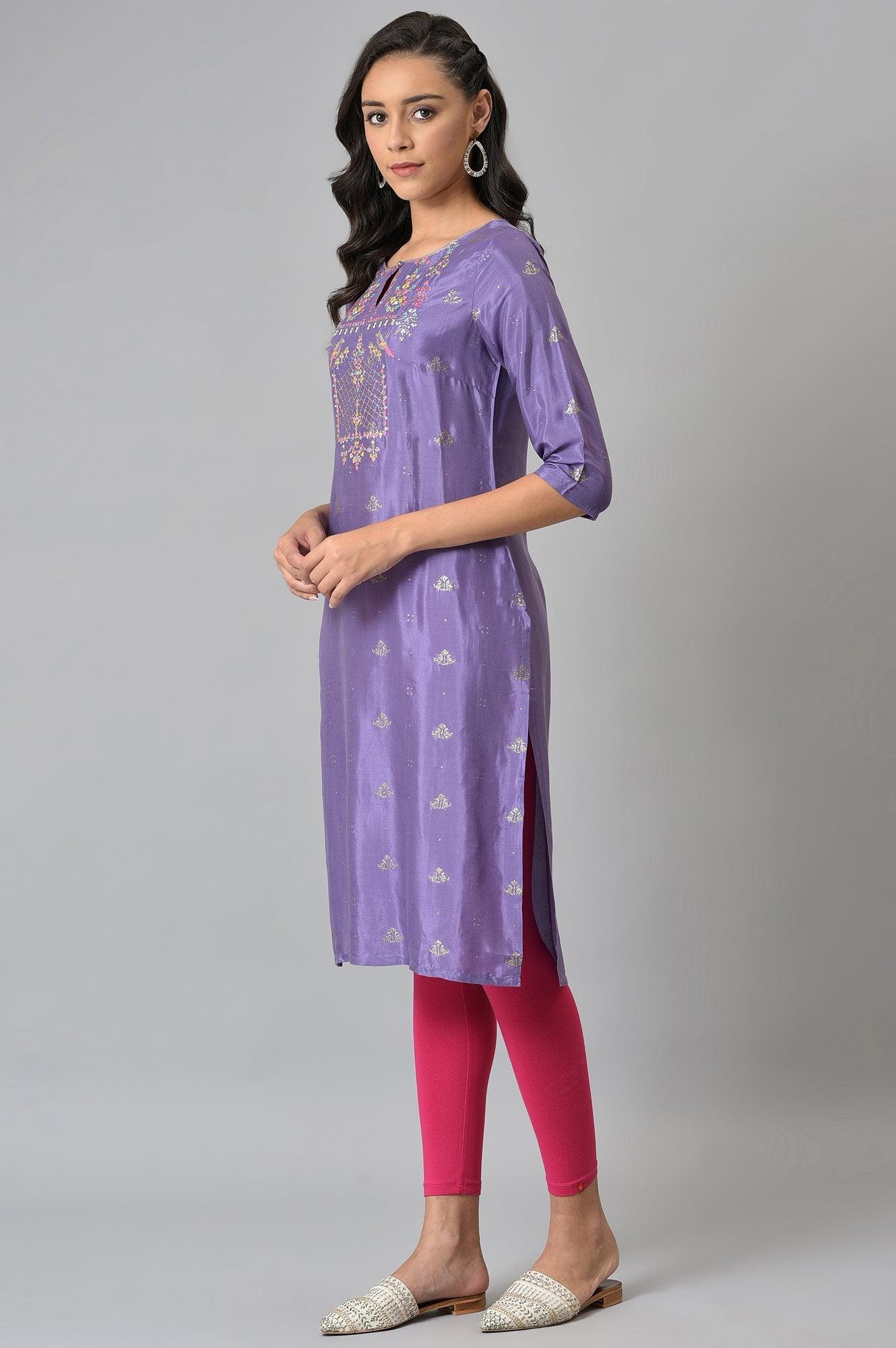 Purple Glitter Print kurta With Embroidery - Image 3