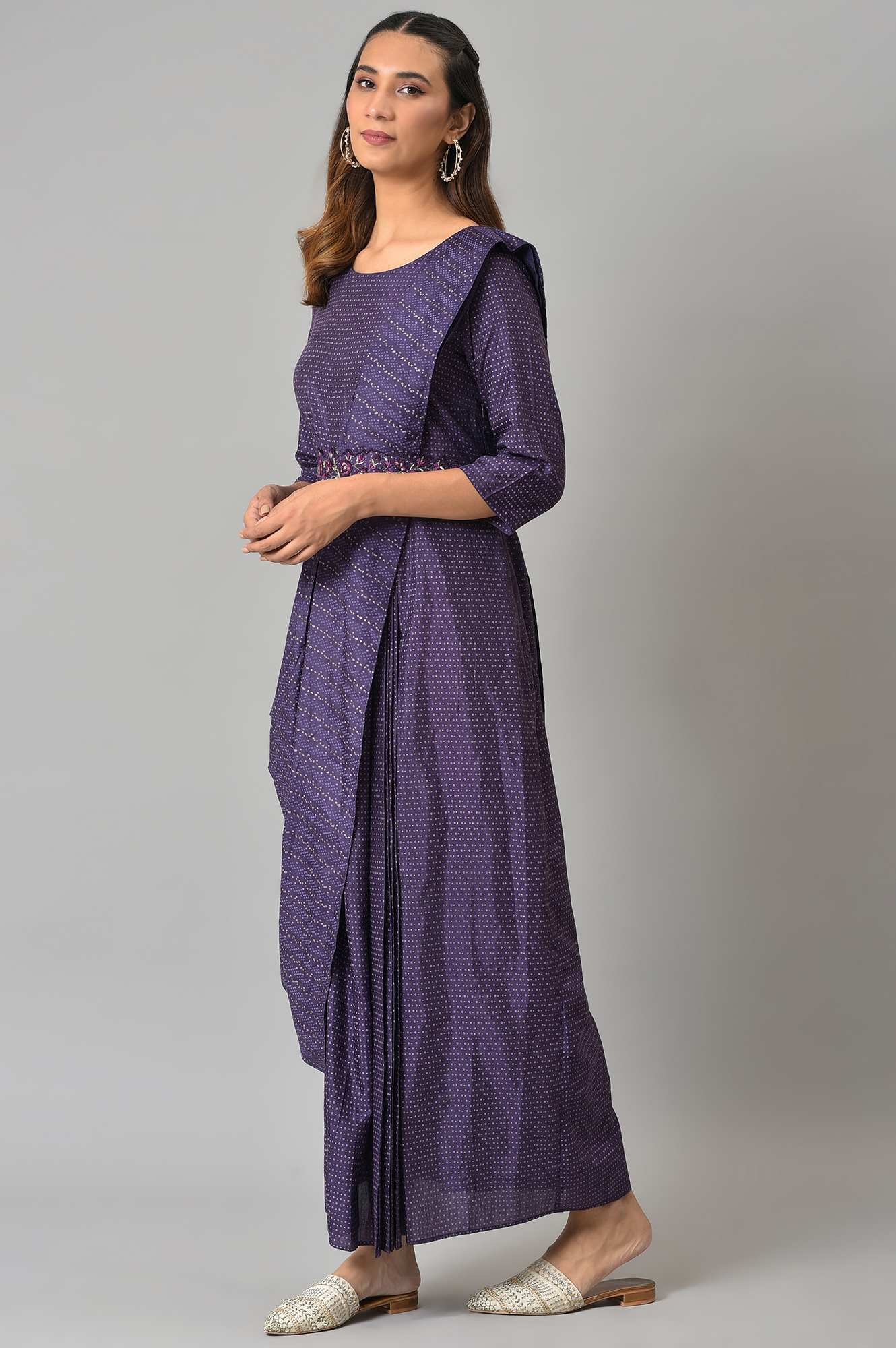 Purple Insta Saree Dress With Embroidered Belt - Image 3