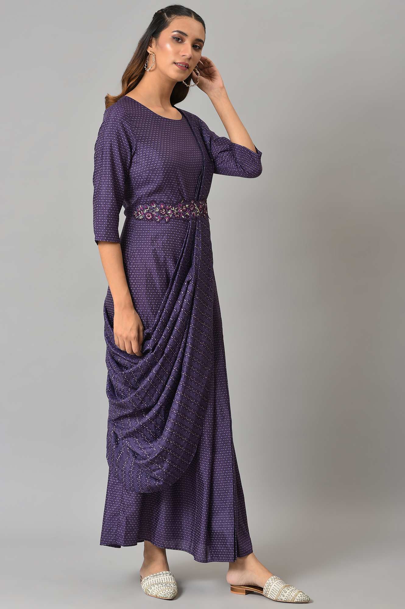 Purple Insta Saree Dress With Embroidered Belt - Image 4