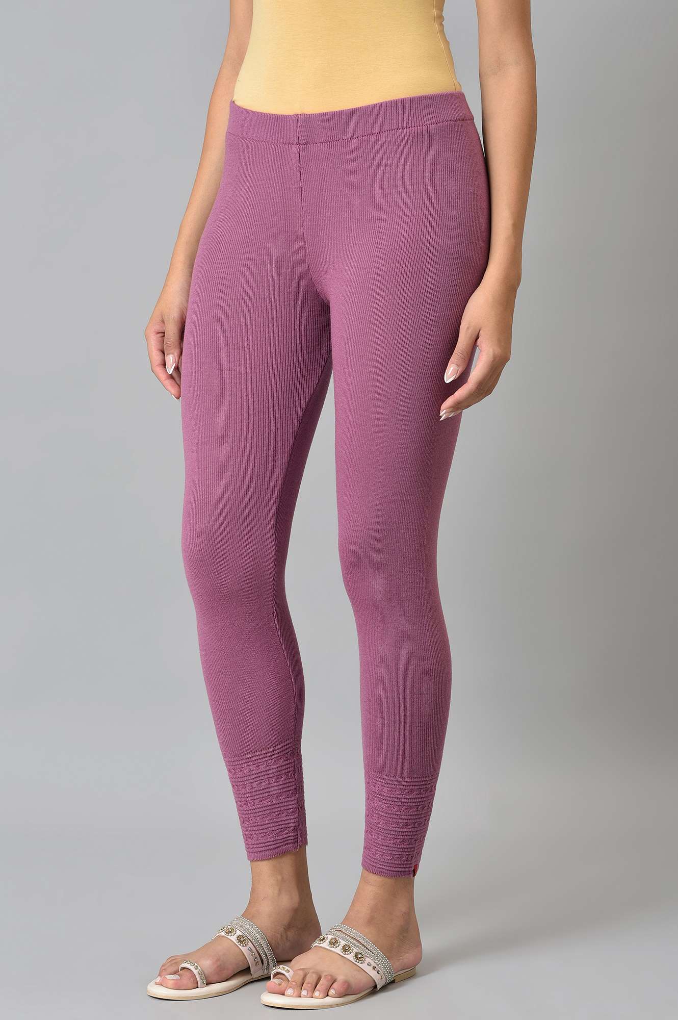 Purple Knitted Winter Leggings With Pintuck - Image 3