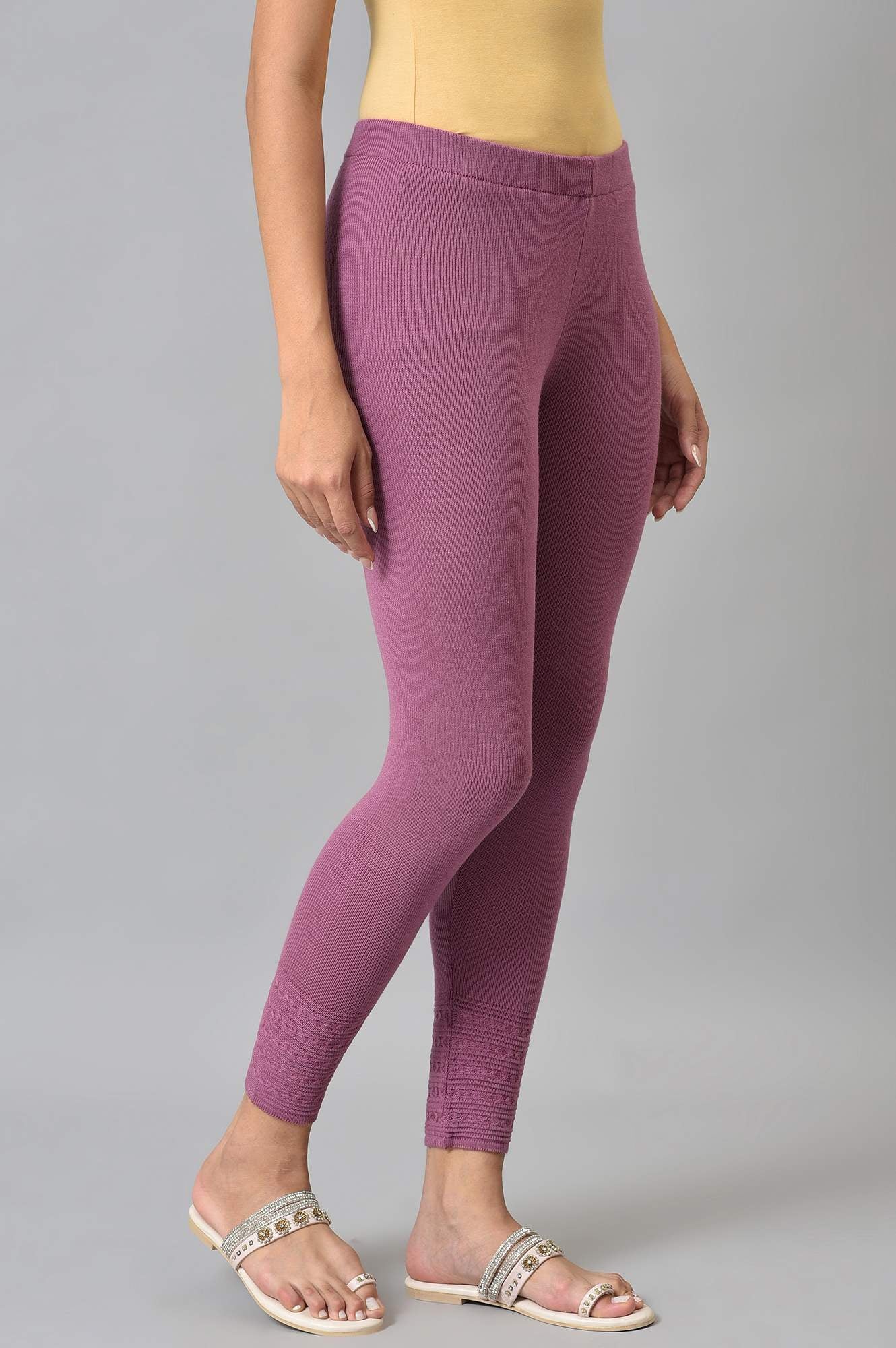 Purple Knitted Winter Leggings With Pintuck - Image 4
