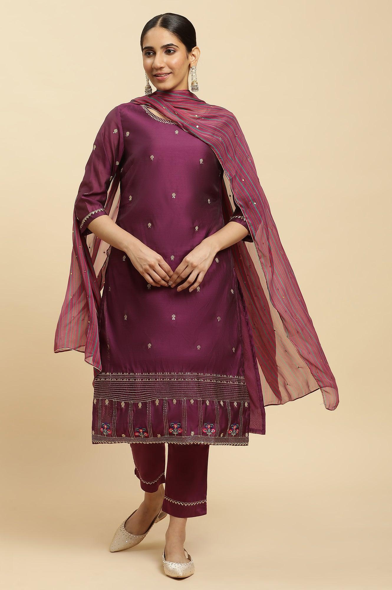 Purple Metallic Embroidered Kurta, Pants And Dupatta Set - Image 2