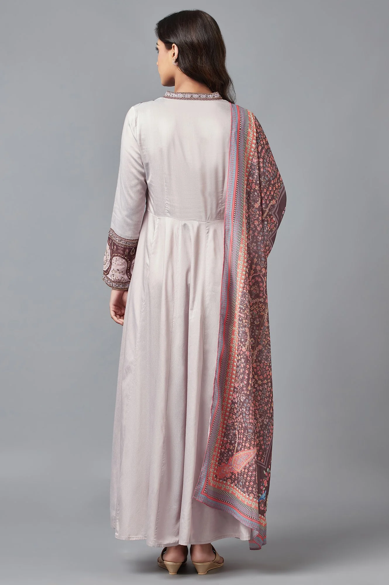 Purple Mughal Gown with Brown Printed Dupatta - Image 2