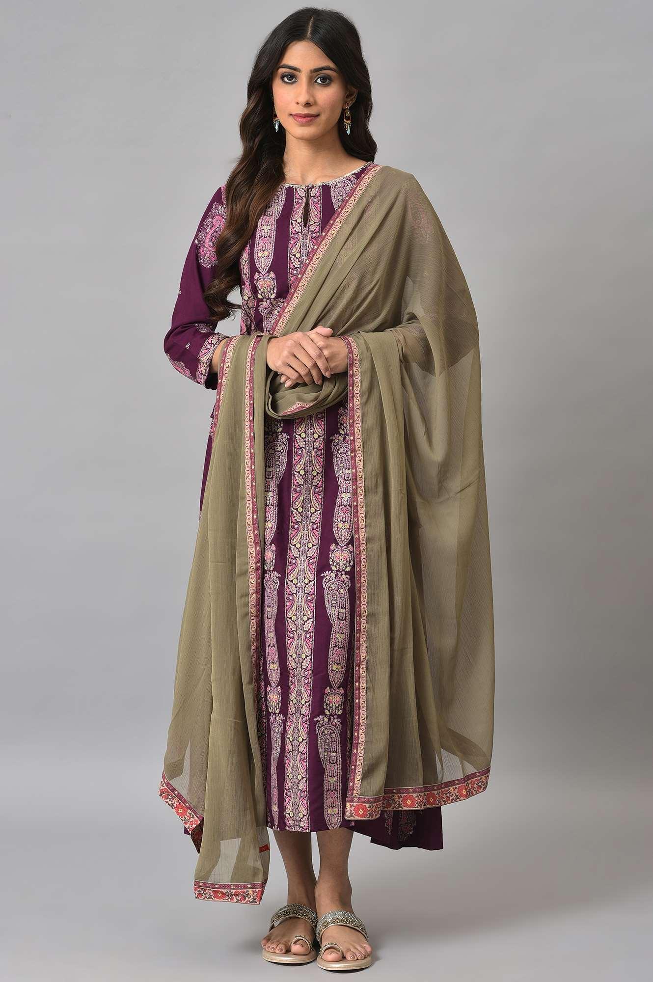 Purple Paisley Print kurta With Olive Chiffon Dupatta
