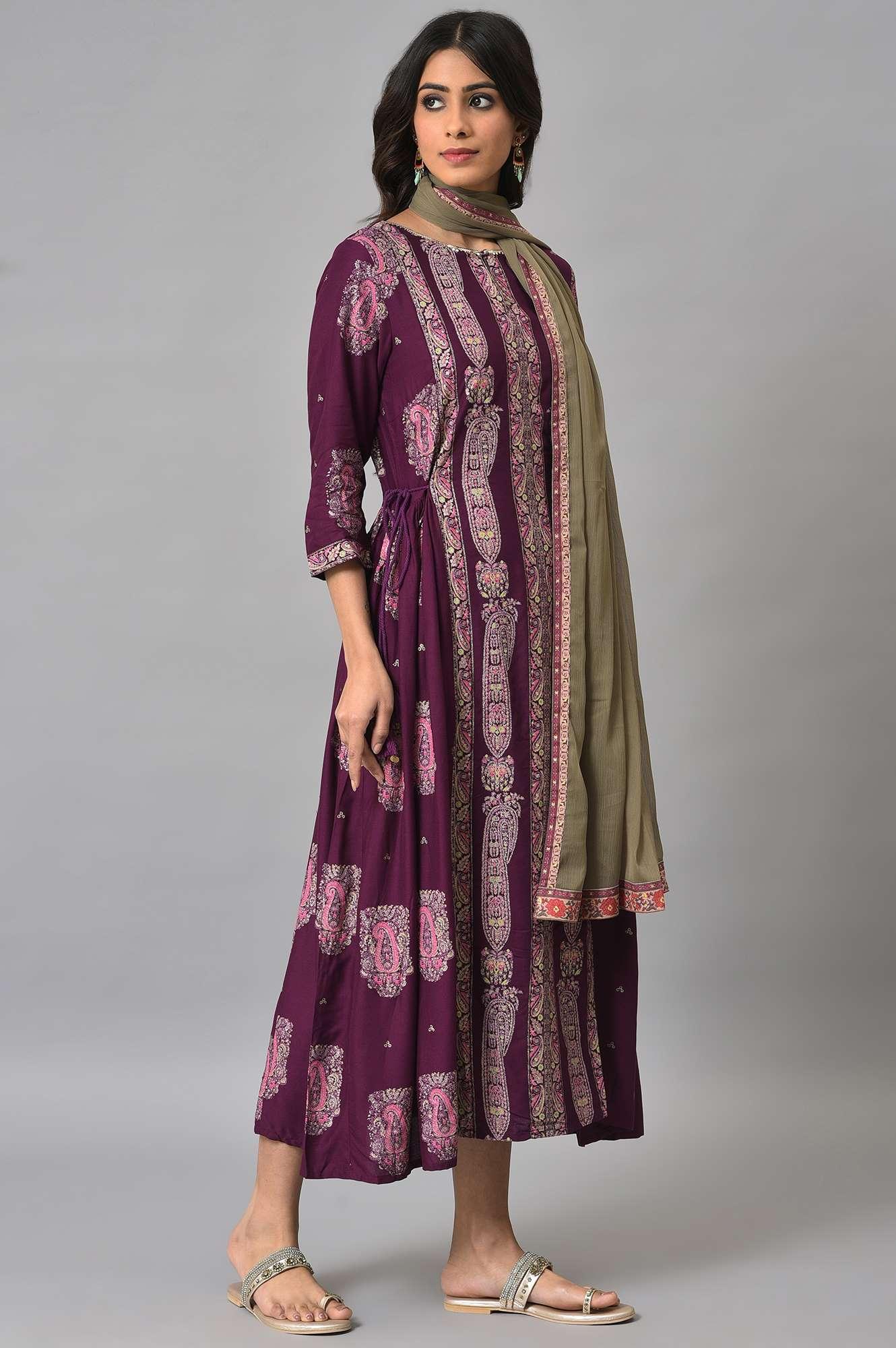 Purple Paisley Print kurta With Olive Chiffon Dupatta - Image 4