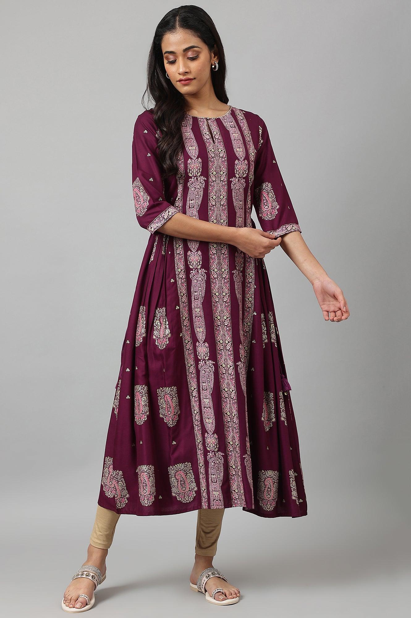 Purple Paisley Print kurta With Sequin Highlighting - Image 5