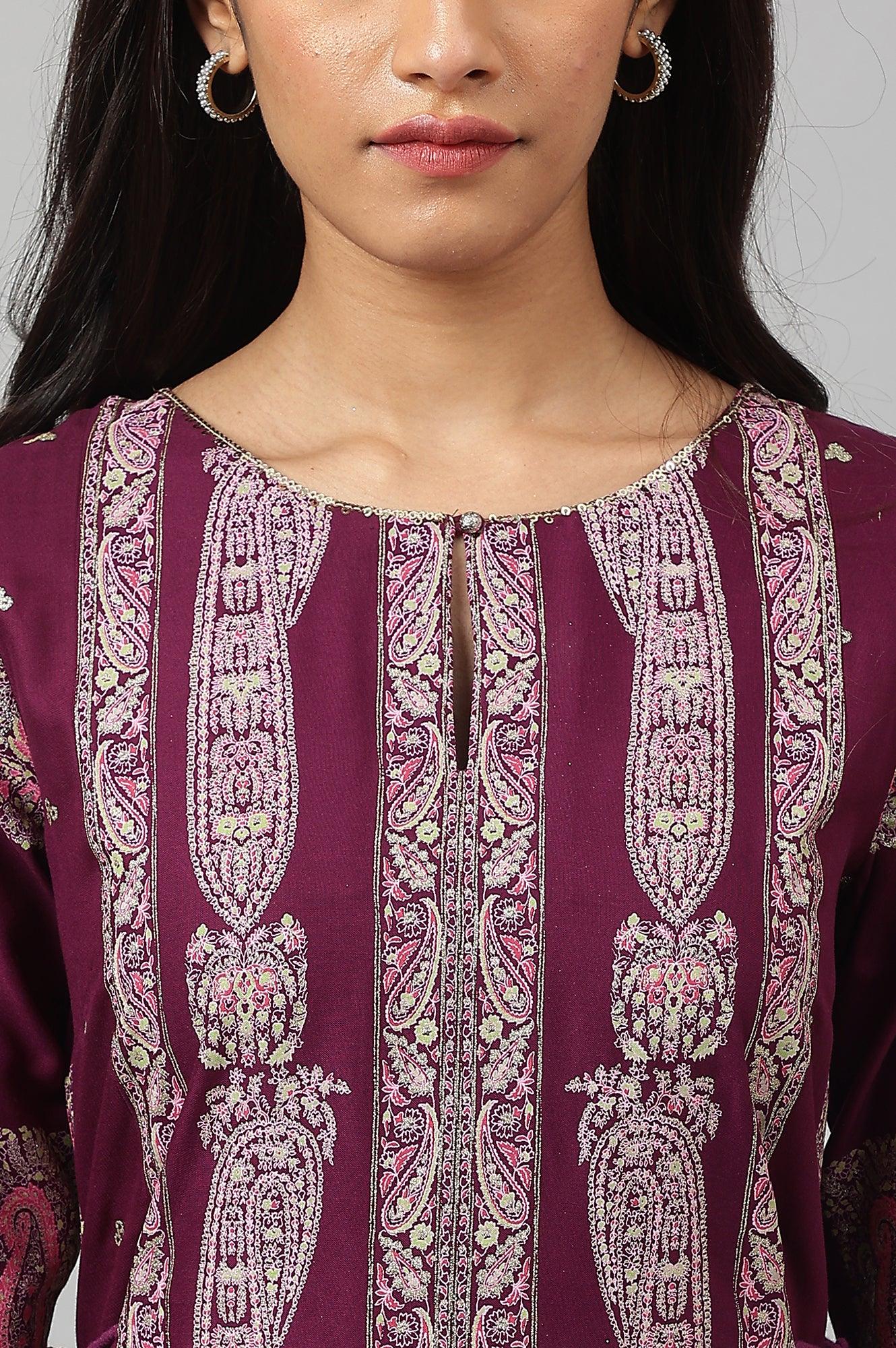 Purple Paisley Print kurta With Sequin Highlighting - Image 8
