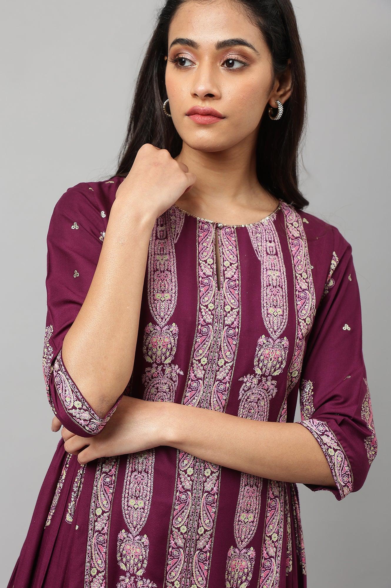 Purple Paisley Print kurta With Sequin Highlighting - Image 9