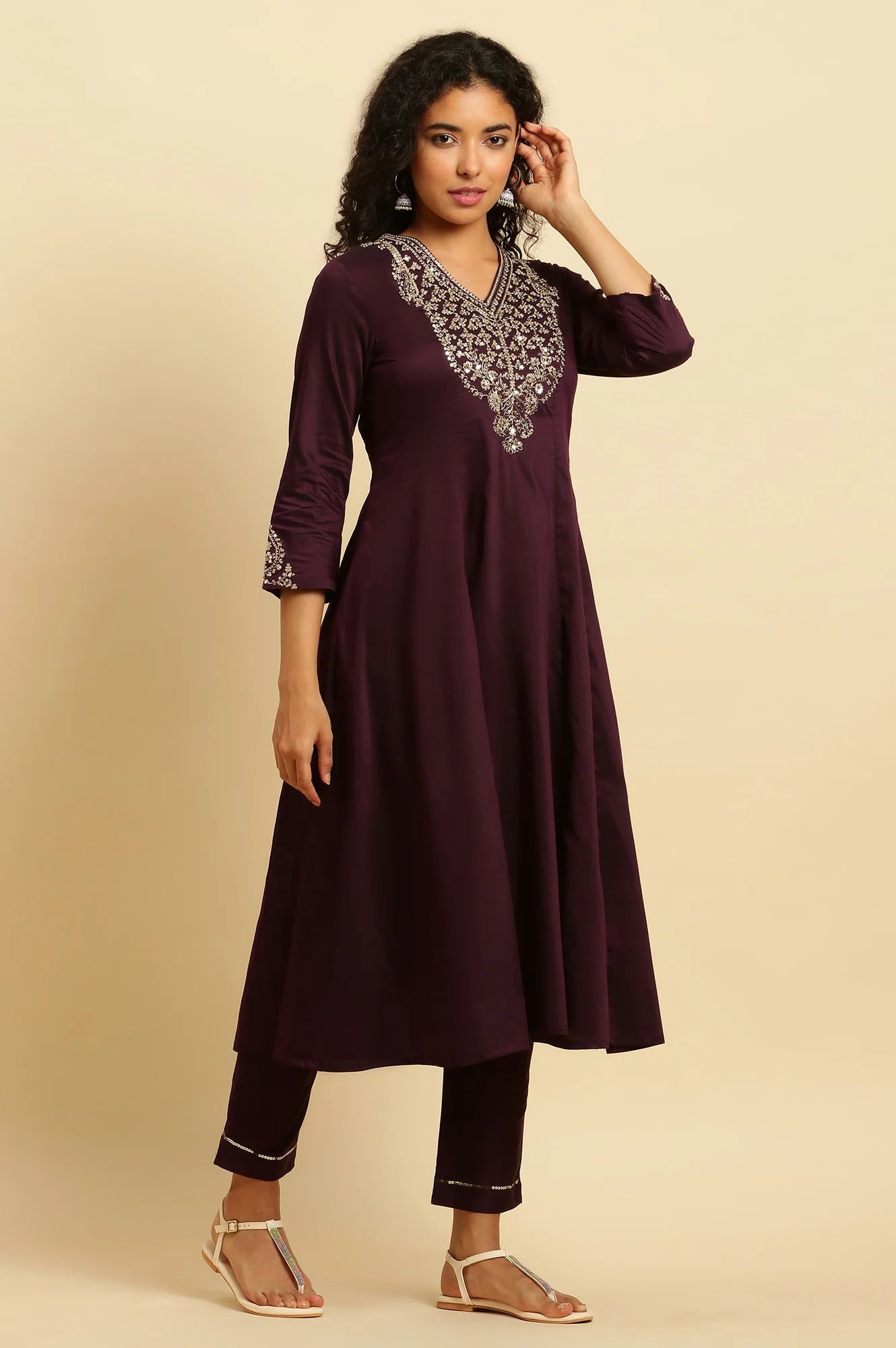 Purple Solid Metallic Embroidered Anarkali Kurta, Slim Pants And Dupatta Set - Image 3