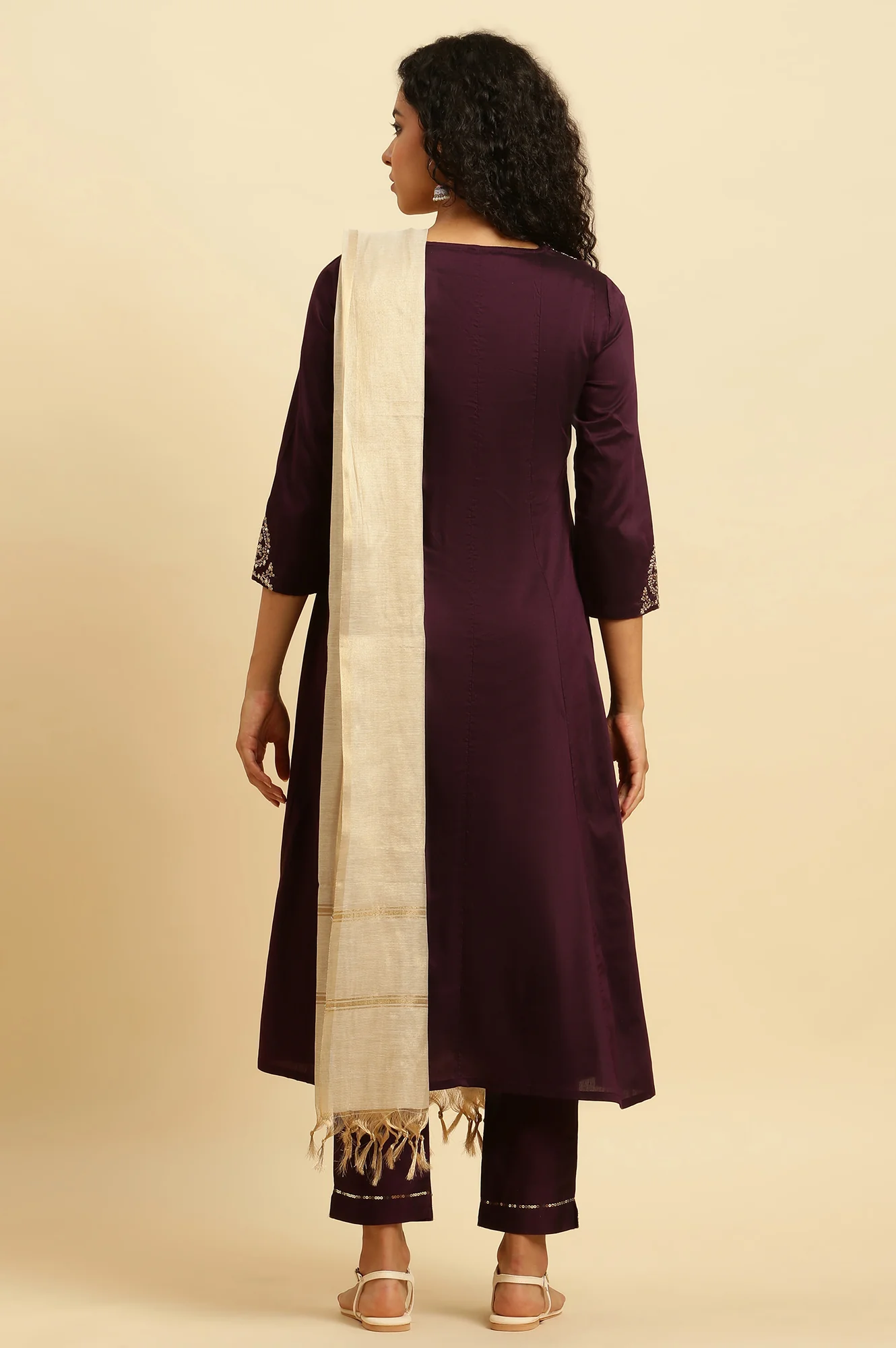 Purple Solid Metallic Embroidered Anarkali Kurta, Slim Pants And Dupatta Set - Image 4