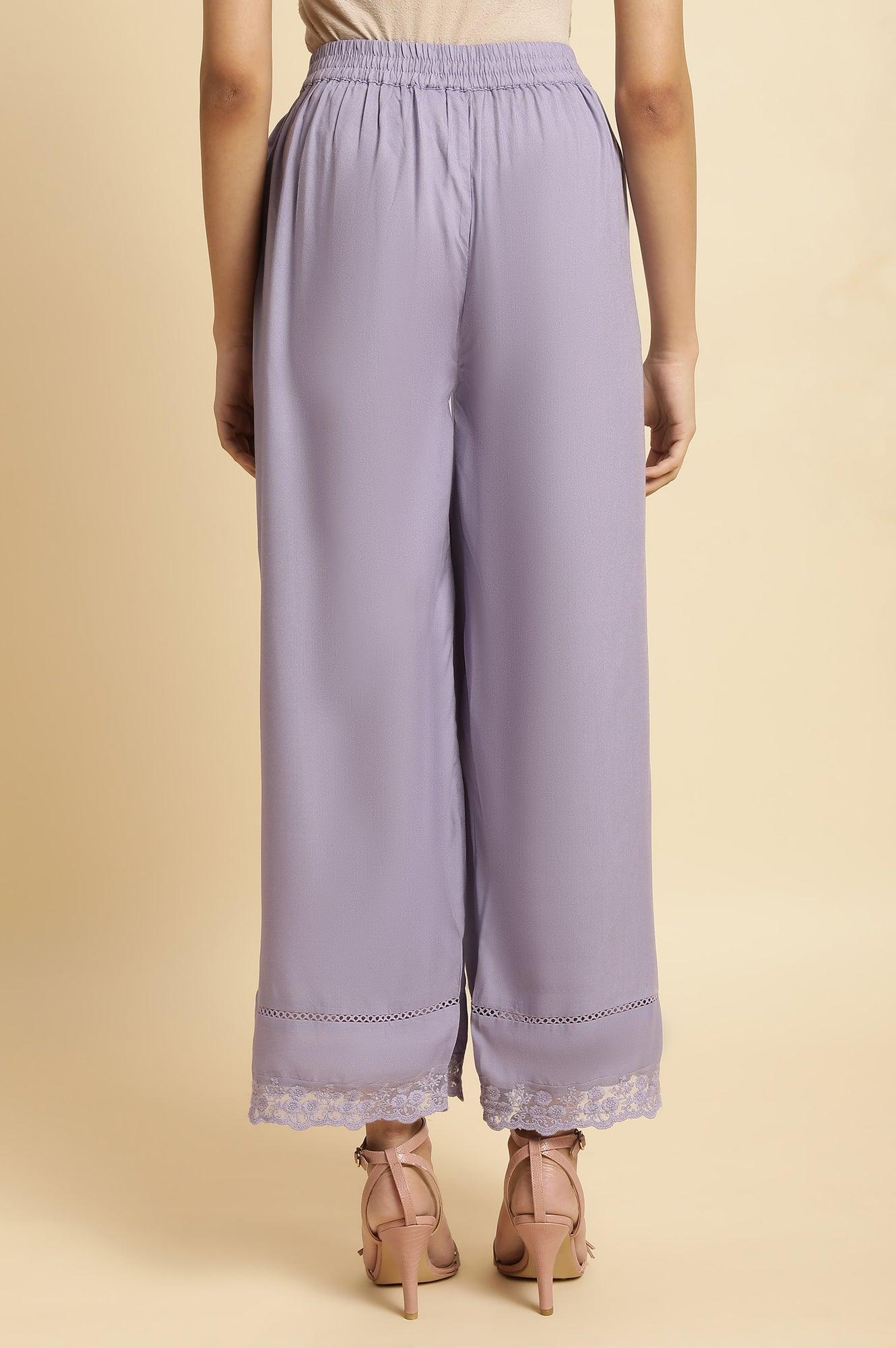 Purple Parallel Pants With Lace At Hemline - Image 2