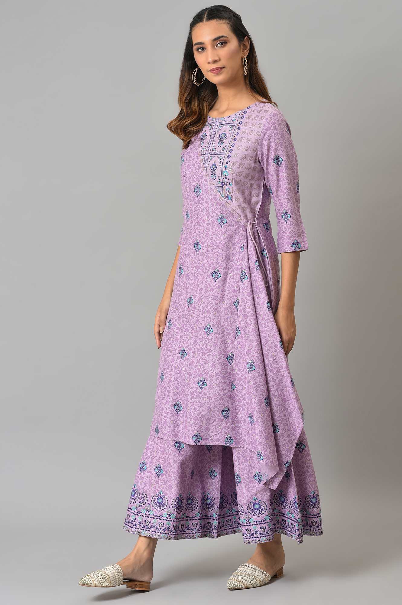 Purple Printed Angrakha Jumpsuit - Image 3