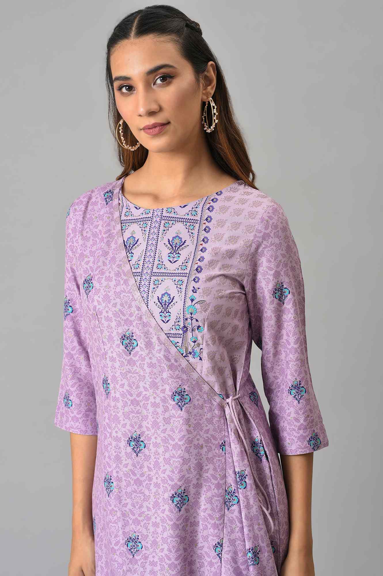 Purple Printed Angrakha Jumpsuit - Image 5